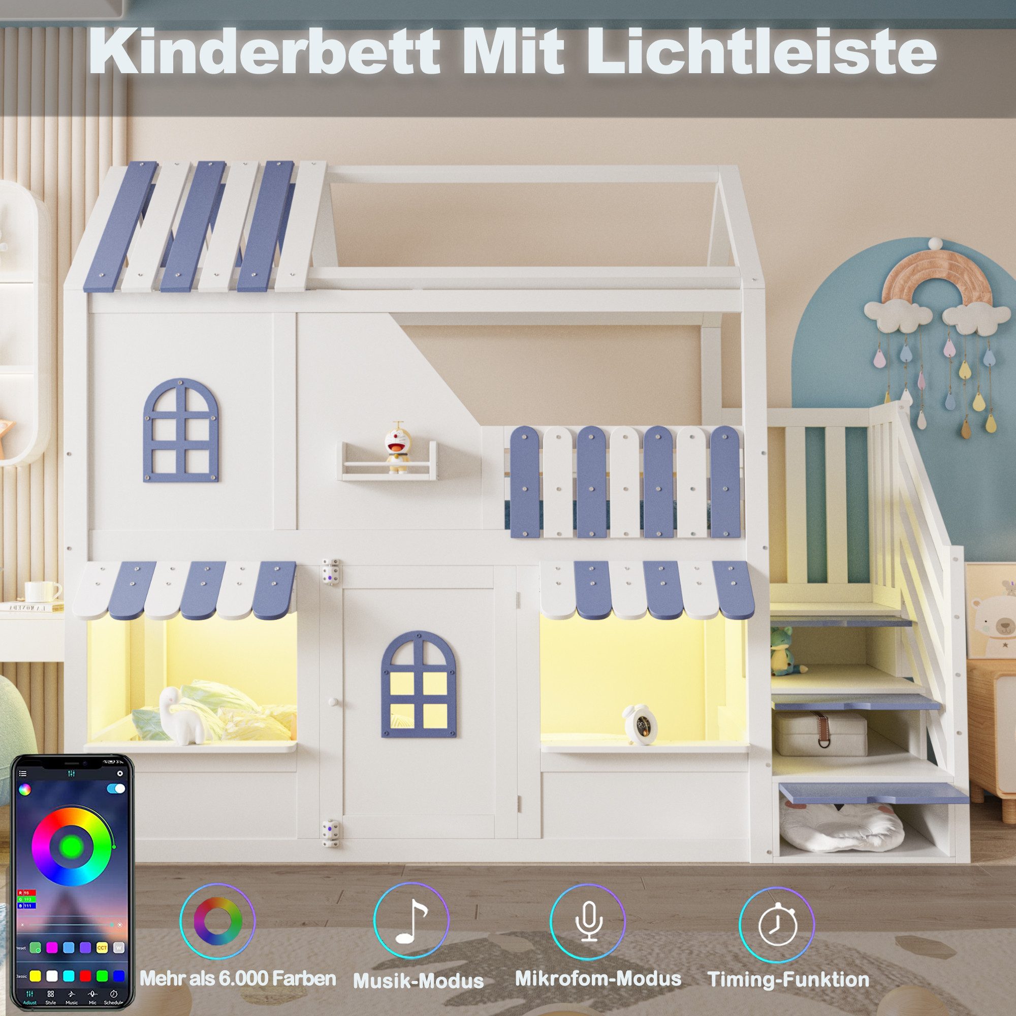 OKWISH Kinderbett Etagenbett Stauraumbett (mit Dach, Fenstern, Geländer, Tür, Stauraumleiter und LED-Beleuchtung, inklusive Regalen, 90X200 cm), ohne Matratze