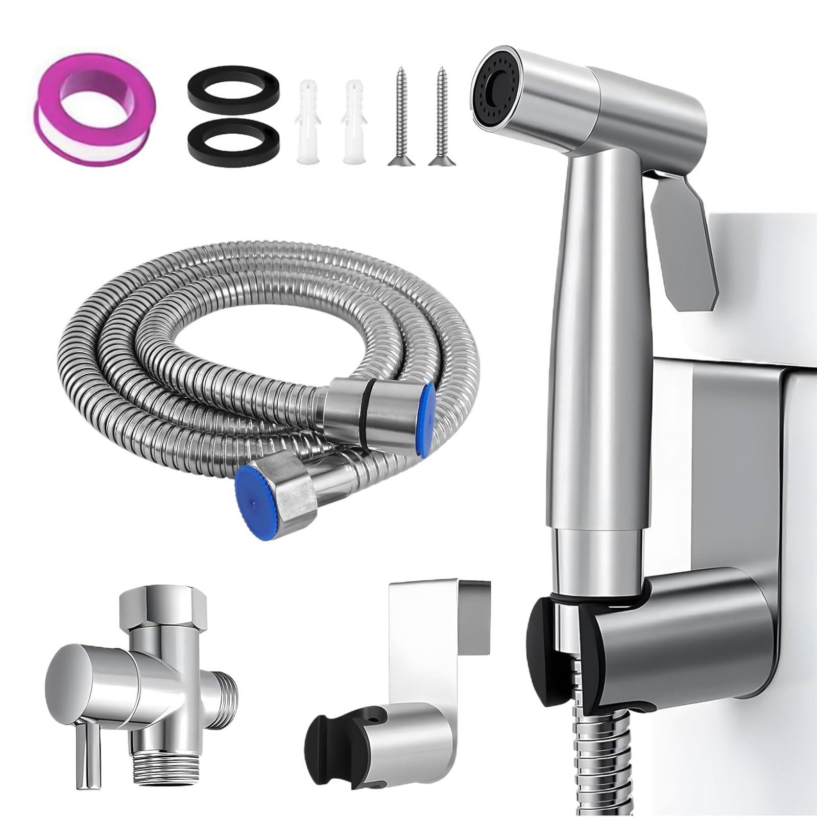 MOPUEA Bidetarmatur Handbrause Bidet Sprayer Mit Halter Wassermenge einstellbar Edelstahl (Bidet Handbrause Set, Edelstahl Bidet Handbrause mit Schlauch Ventil und Adapter) Edelstahl rostfrei präzise Wasserregulierung einfache Montage