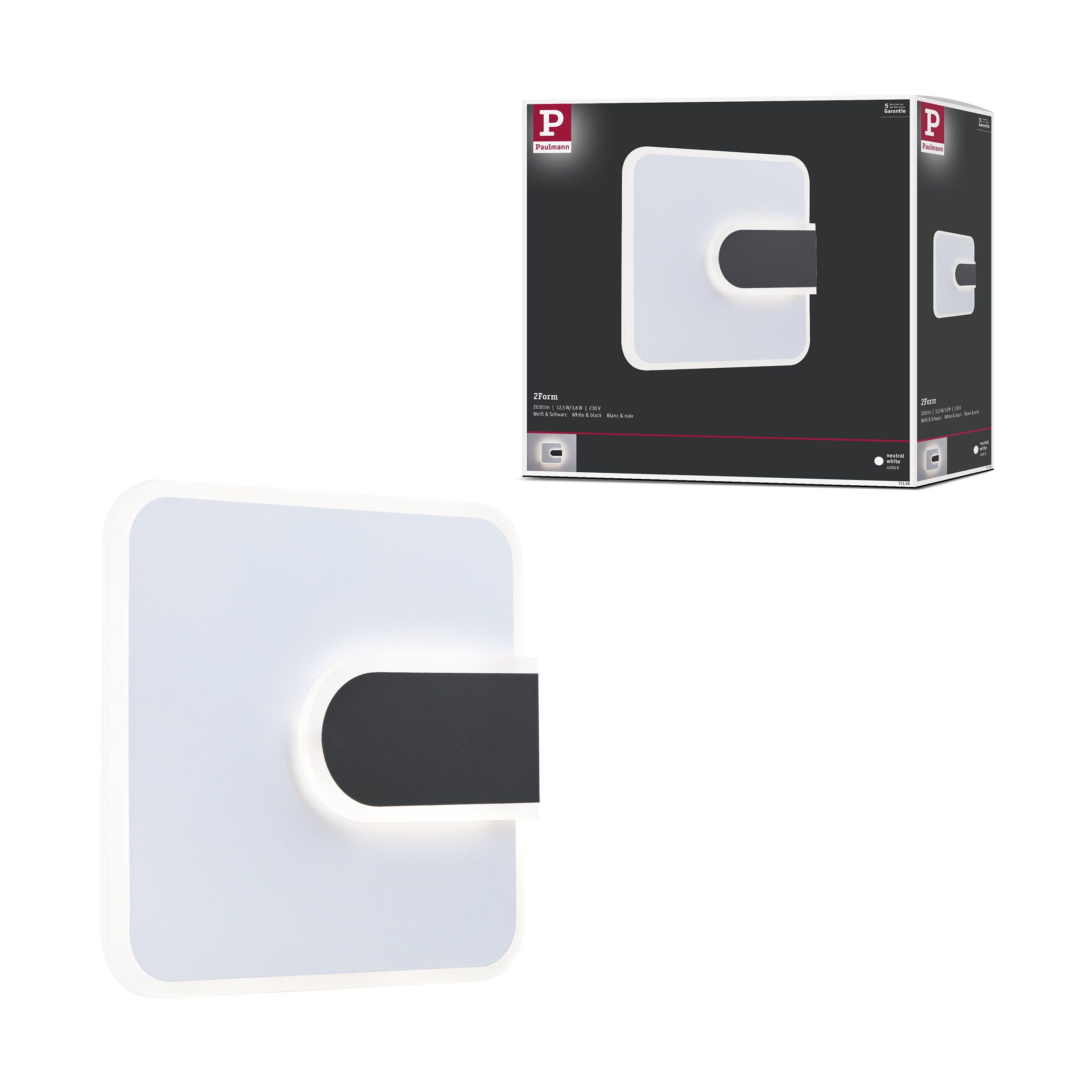 Paulmann LED Wandleuchte LED Wandleuchte 2Form 4000K 1520lm 230V 12,5W / 3,6W Weiß, Schwarz