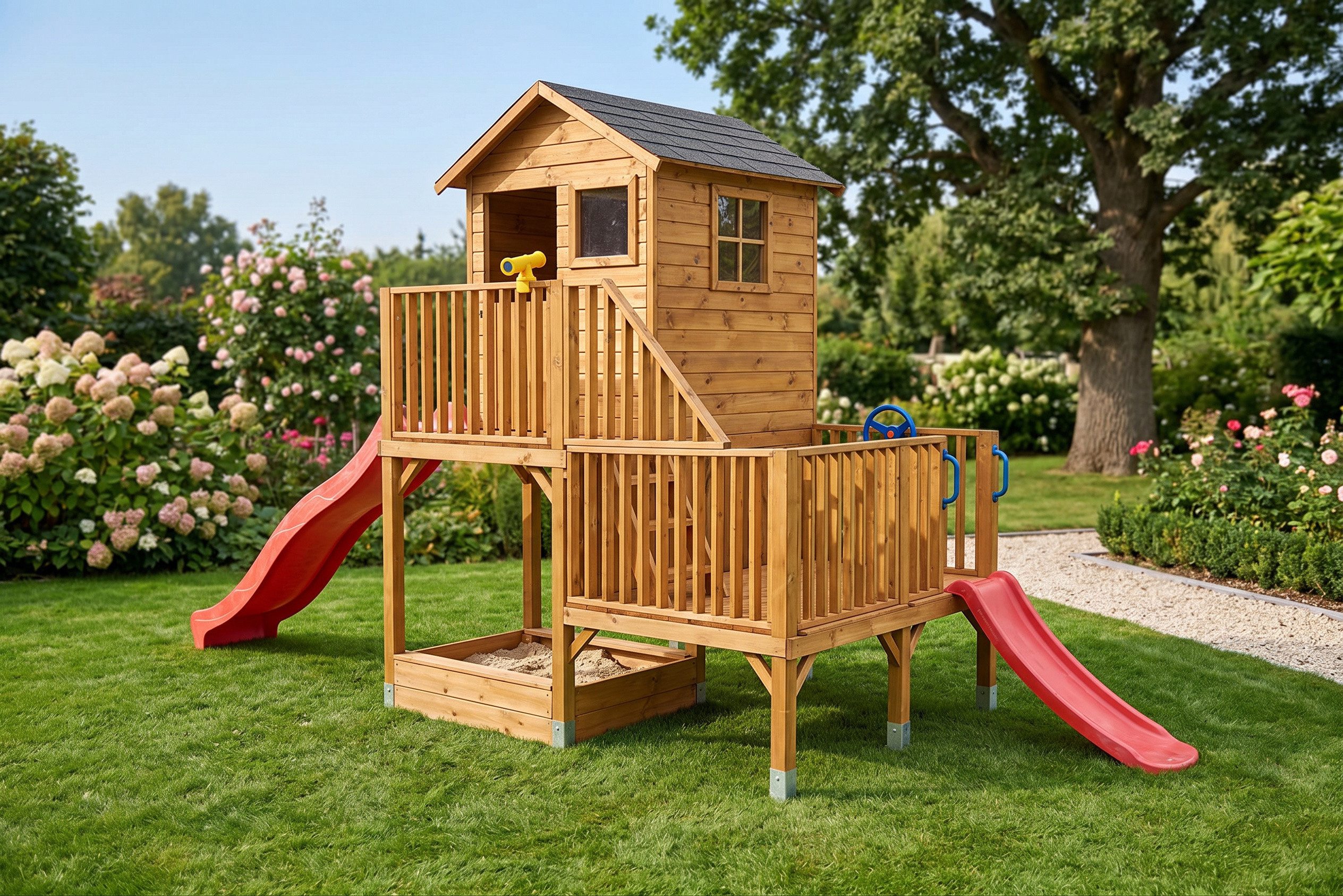 Spielhaus Holzgartenhaus 2 Rutschen Kinderspielhaus Spielhütte #4447