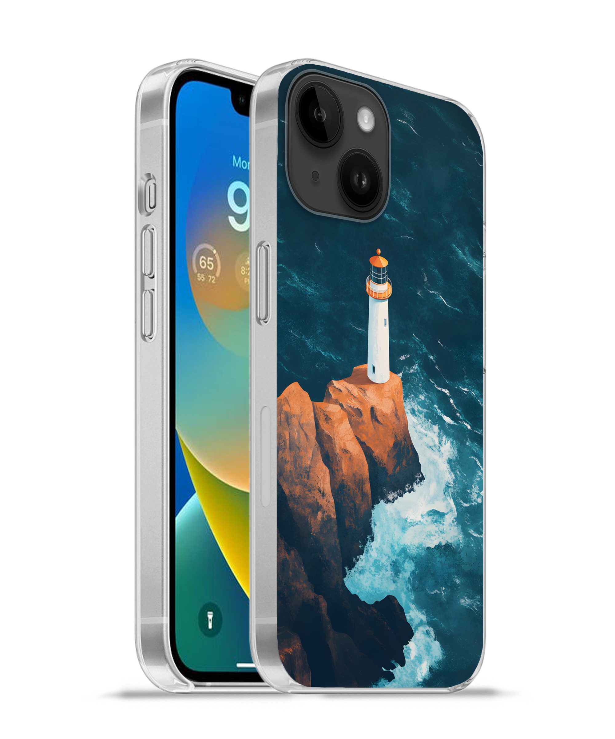 MuchoWow Handyhülle für Apple iPhone 14 Leuchtturm - Felsen - Meer - Wellen, Smartphone-Bumper, Print, Handy Schutzhülle Dünn