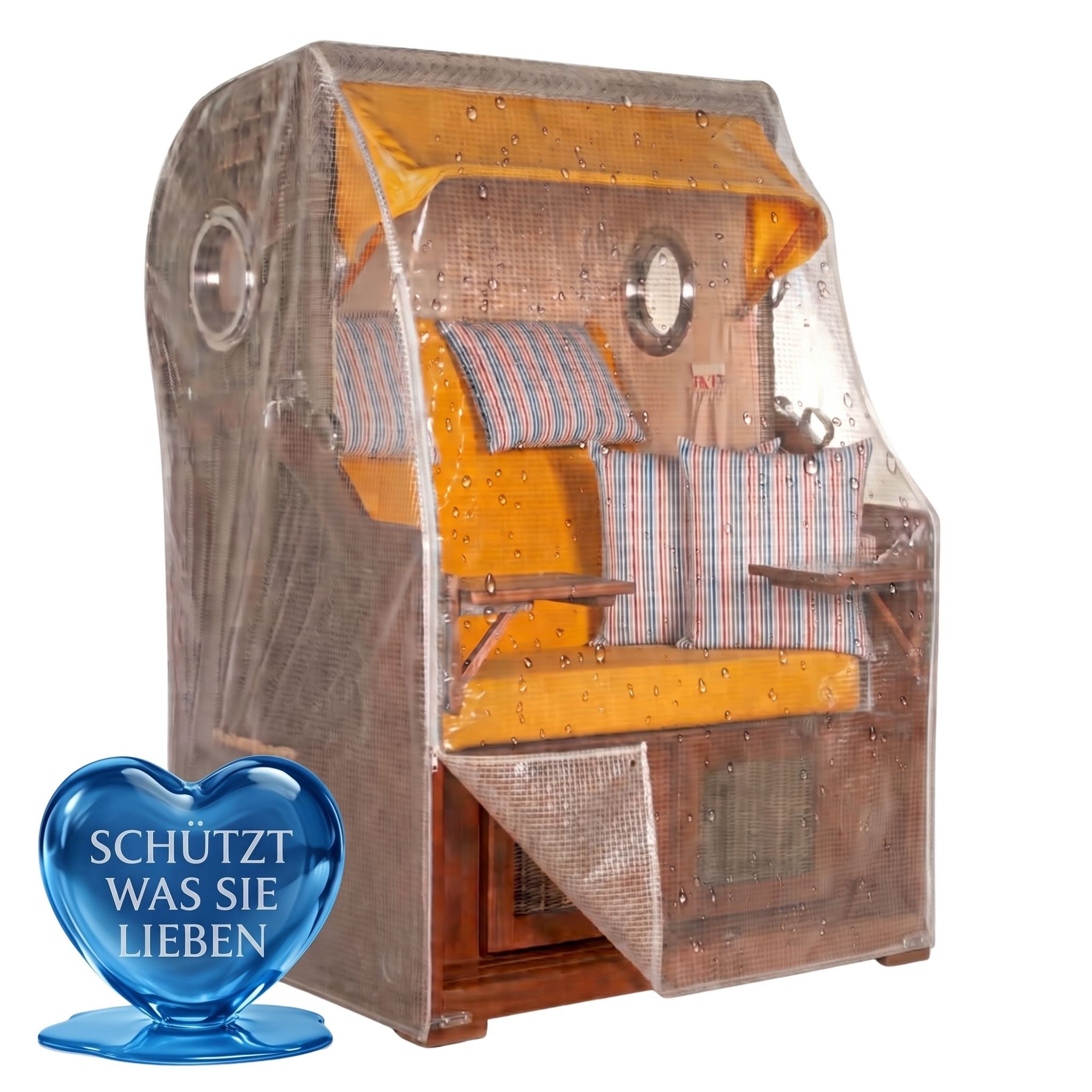 MR.DEKO Strandkorb-Schutzhülle PVC M – Transparent, UV-stabil & wetterfest, für 2-Sitzer (Passend für alle 2-Sitzer Strandkörbe bis 120 cm Breite, 1-St), Abdeckplane PE-Gewebe mit Reißverschlüssen & Zugband