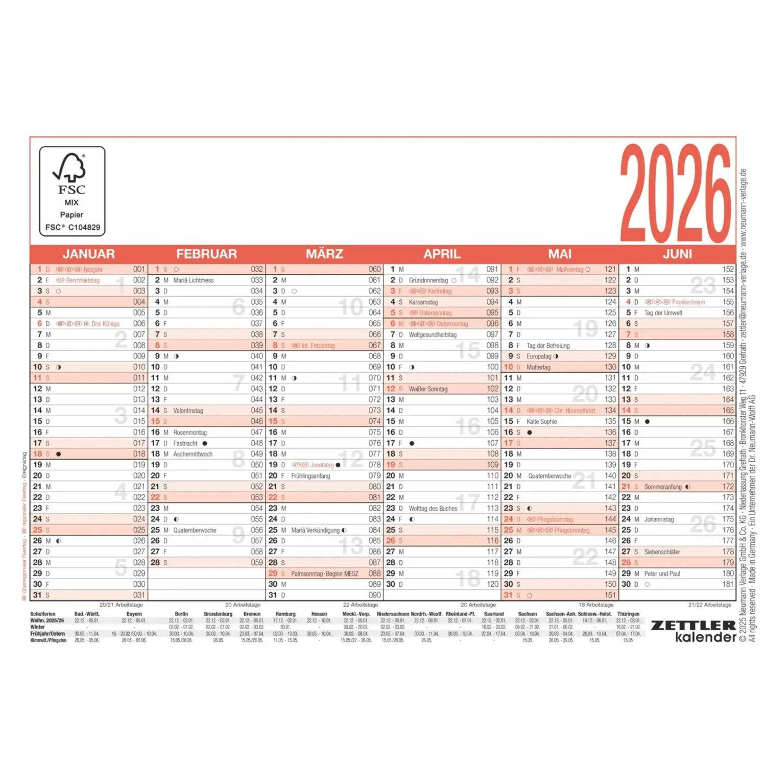 ZETTLER Wandkalender Zettler Arbeitstagekalender A6 2026 - Bürokalender kompakt 15 × 11...