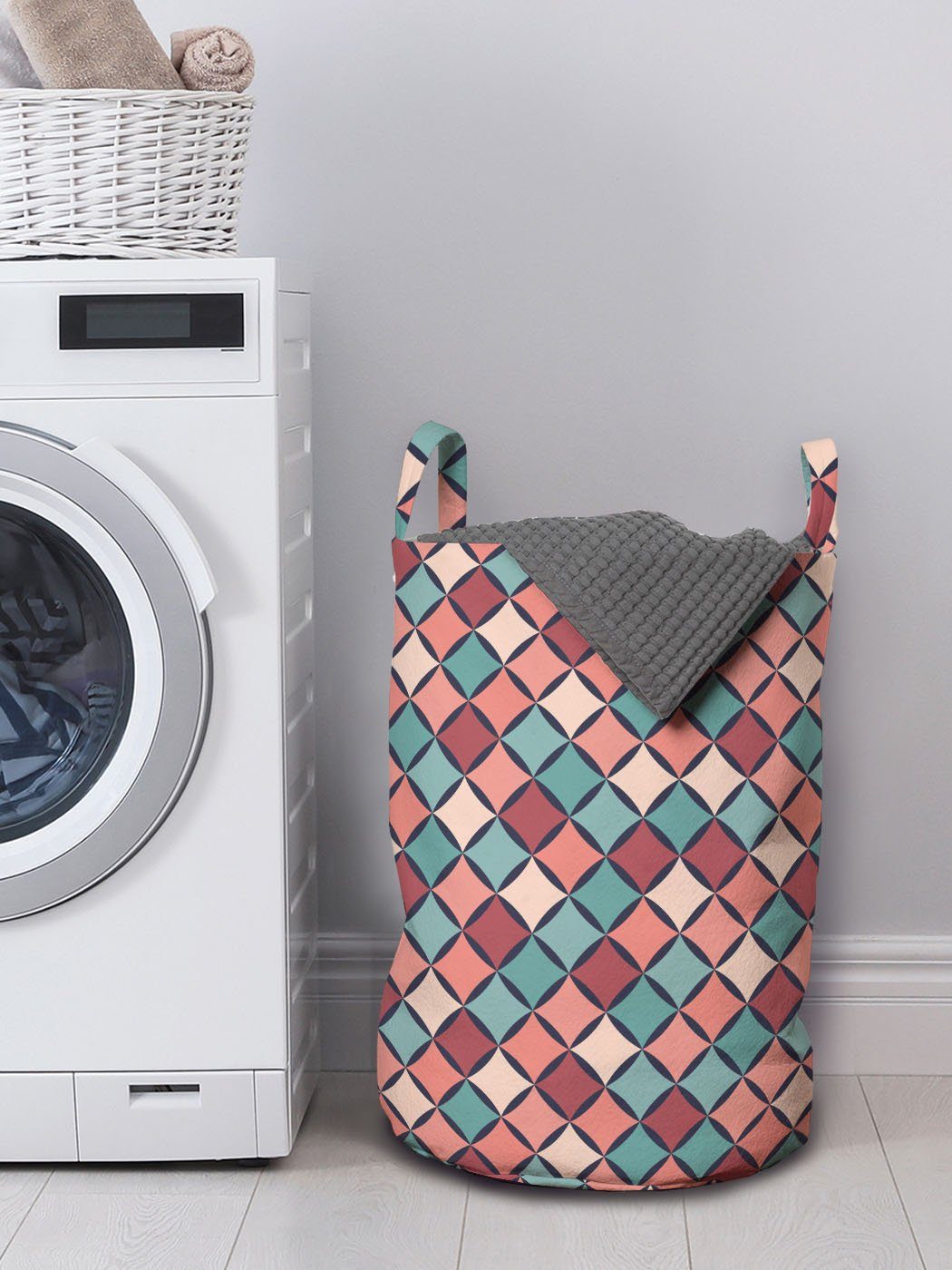 Kordelzugverschluss mit Style Abakuhaus Wäschesäckchen Waschsalons, Checkered Griffen Retro für Geometrisch Wäschekorb