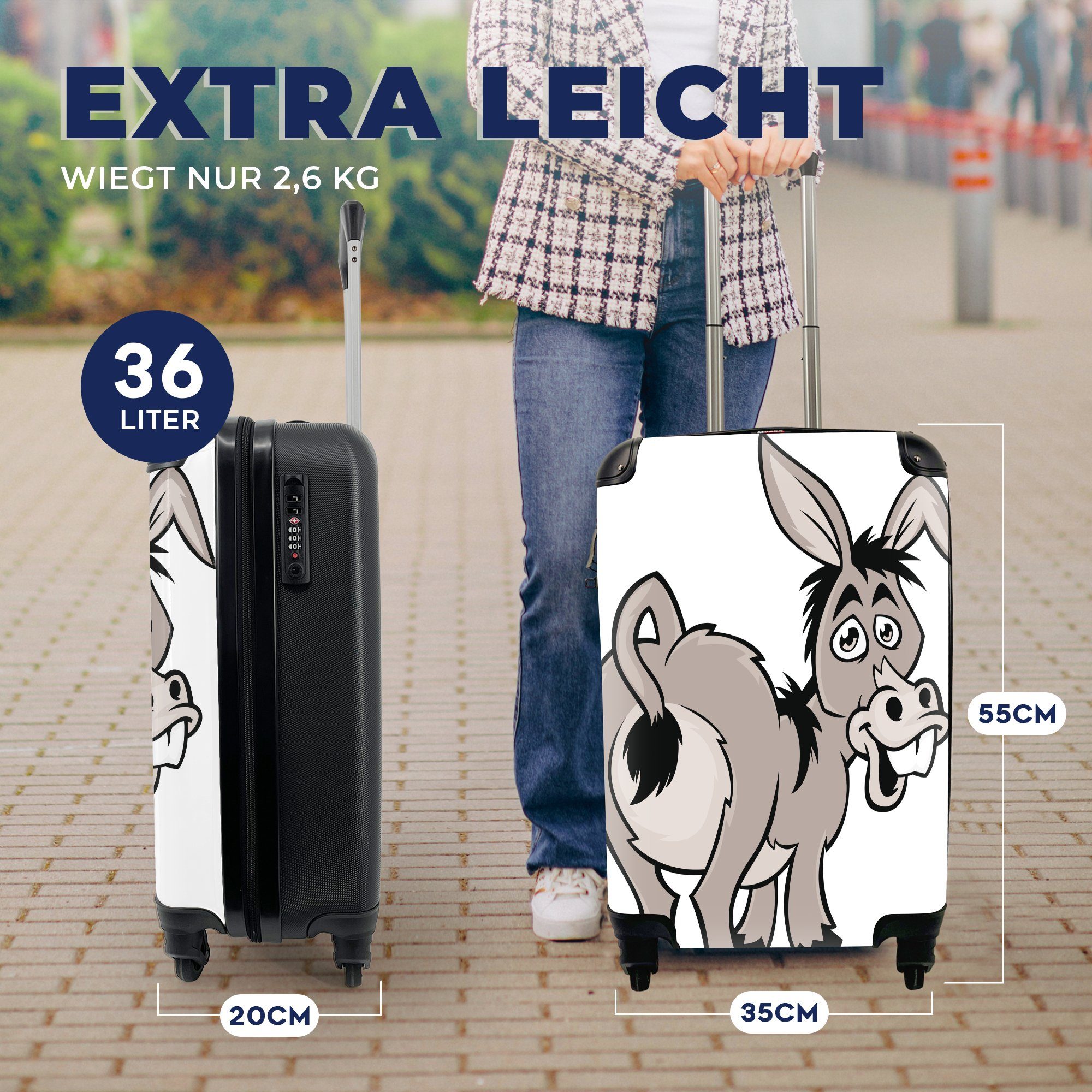 MuchoWow Handgepäckkoffer Cartoon-Illustration eines Esels, mit Rollen, Ferien, Reisetasche 4 für Trolley, rollen, Handgepäck Reisekoffer