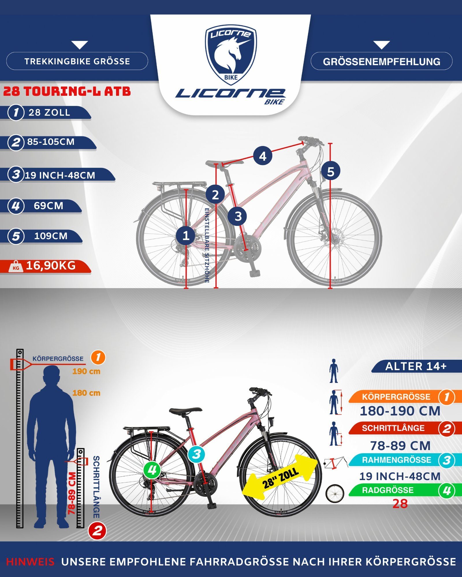 Licorne Bike Trekkingrad Licorne Zoll, Bike Rosa Premium Touring in 28 Bike Trekking 21 Gang