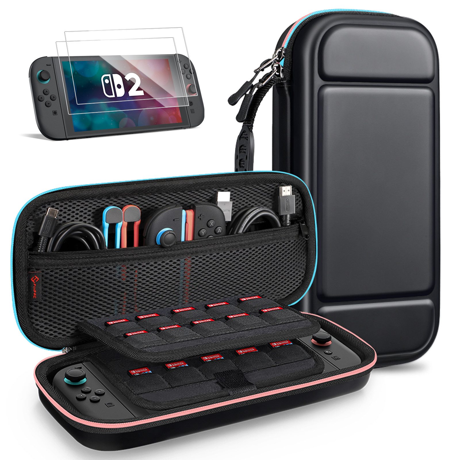 Fintie Nintendo-Schutzhülle Tasche mit 2 Panzerglas für Nintendo Switch 2(2025), 2-in-1 Zubehörset, mit 2 Stücke Schutzfolie, 1 Tragetasche mit großem Fassungsvermögen