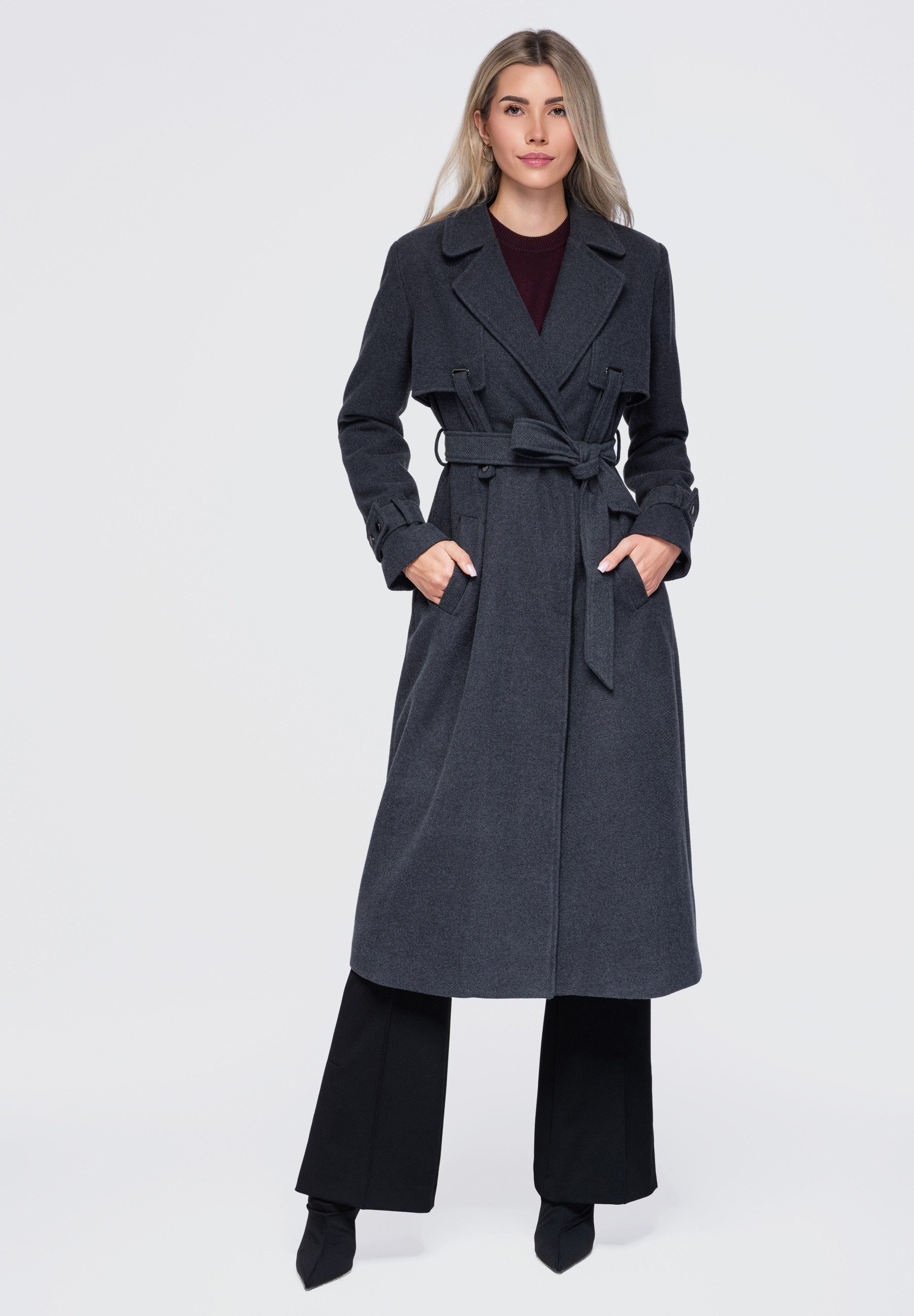 OMBRE Wintermantel Damen Wintermantel mit Gürtel und weitem Revers Dunkelgrau M (kein Set, 1-tlg)
