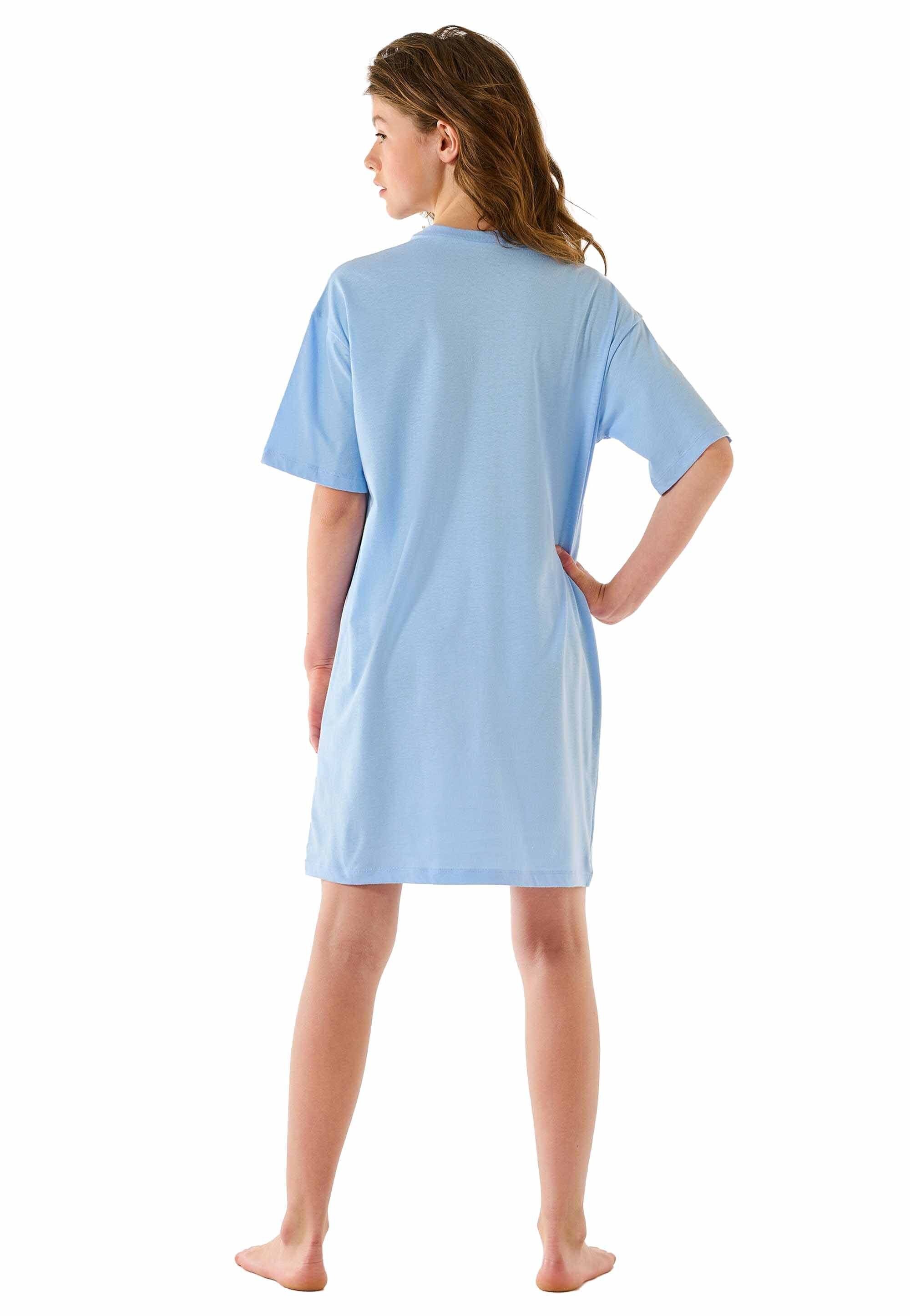 kurzarm, Schiesser Sleepshirt, Mädchen Pyjama - Hellblau Nachthemd Teens
