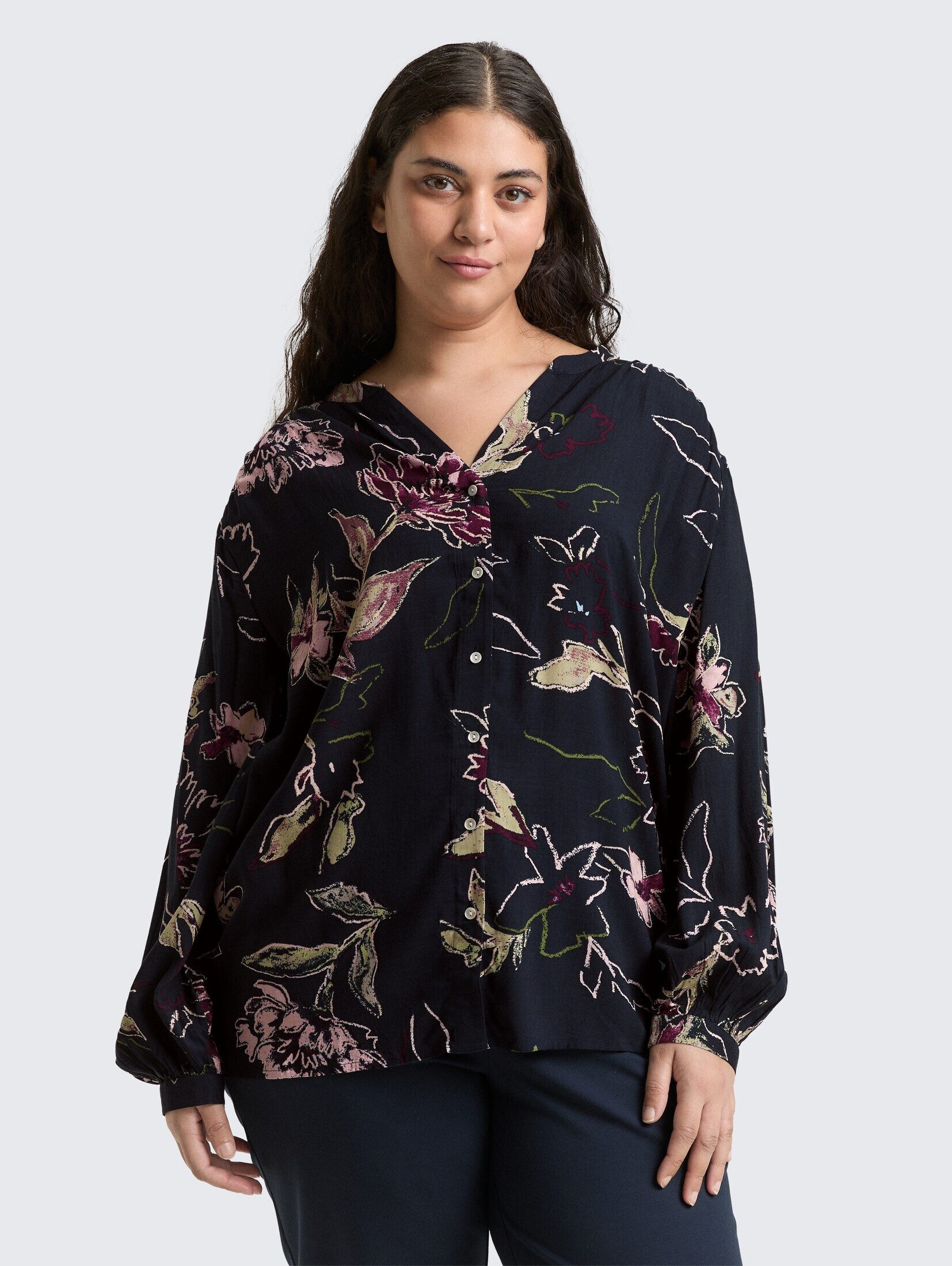 Langarmbluse Plus Size - Loose Fit Bluse mit Blumenmuster