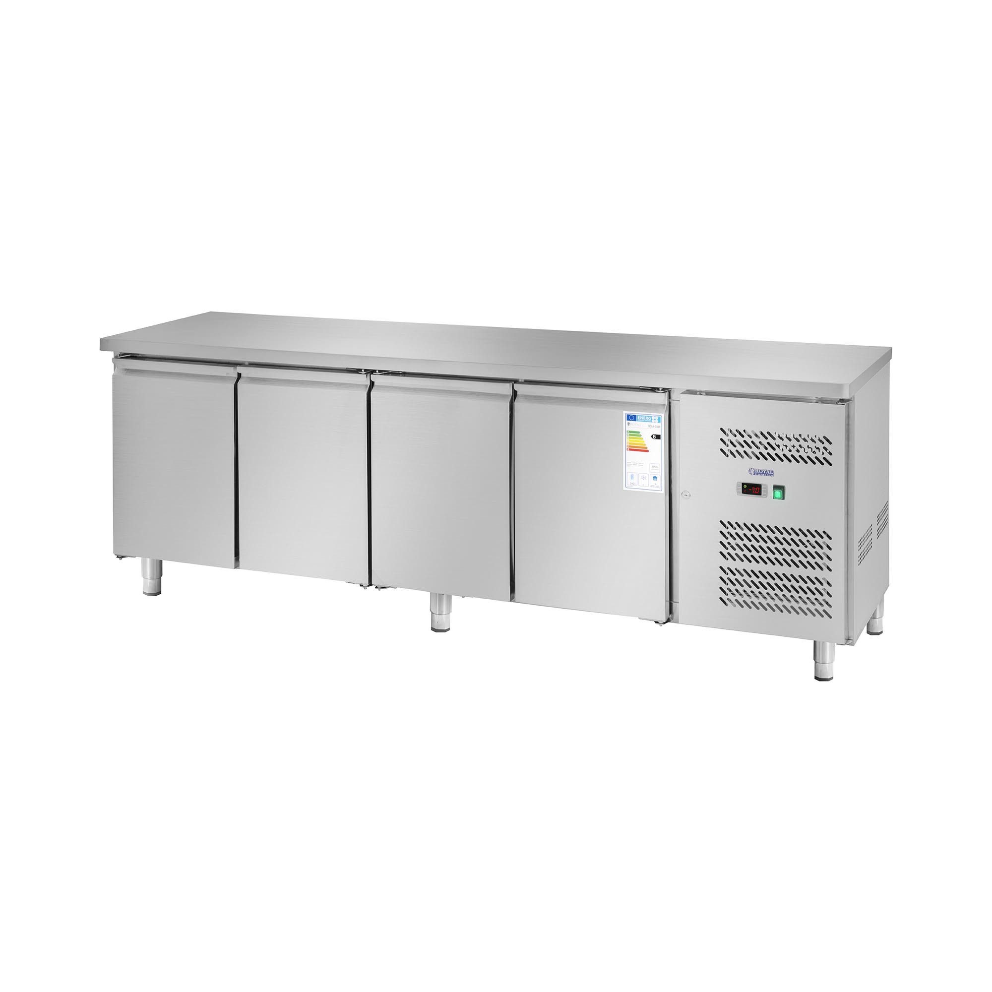 Royal Catering Kühlschrank RCLK-S449, 85.5 cm hoch, 223 cm breit, Kühltisch 450L 4 Türen Saladette Pizzatisch Arbeitsfläche Gastro Profi