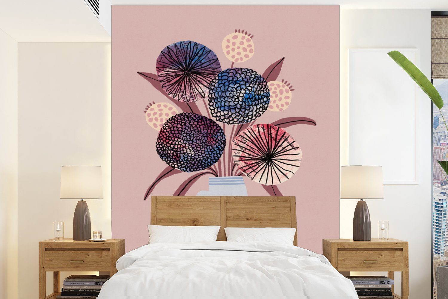 MuchoWow Fototapete Blumen - Pastell - Vase - Pflanzen, Matt, bedruckt, (4 St), Montagefertig Vinyl Tapete für Wohnzimmer, Wandtapete