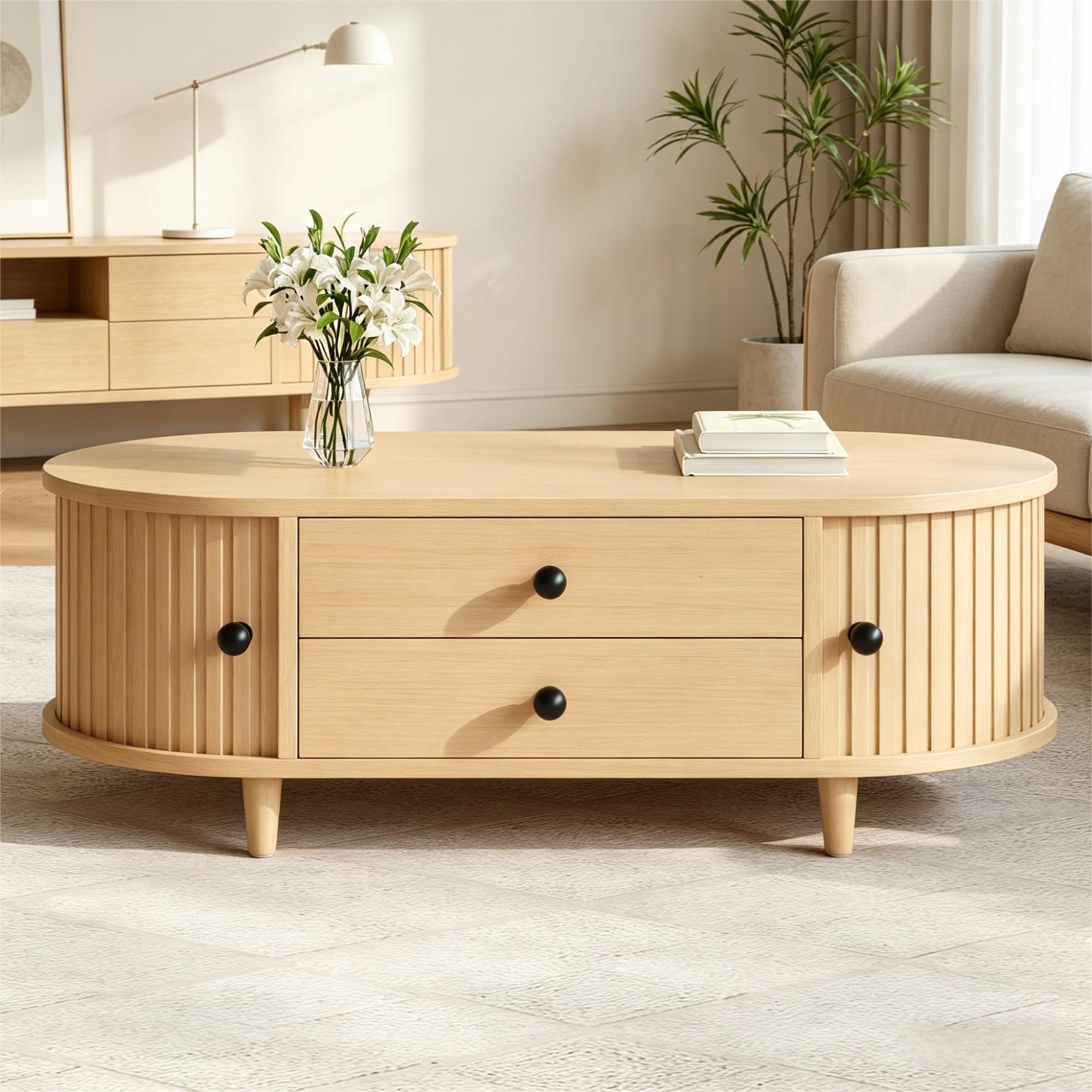 Merax Couchtisch Sofatisch oval Beistelltisch mit Massivholzbeinen (1-St), Wohnzimmertisch mit Rolltüren, 2 Schubladen & Stauraum, 100x50x36cm