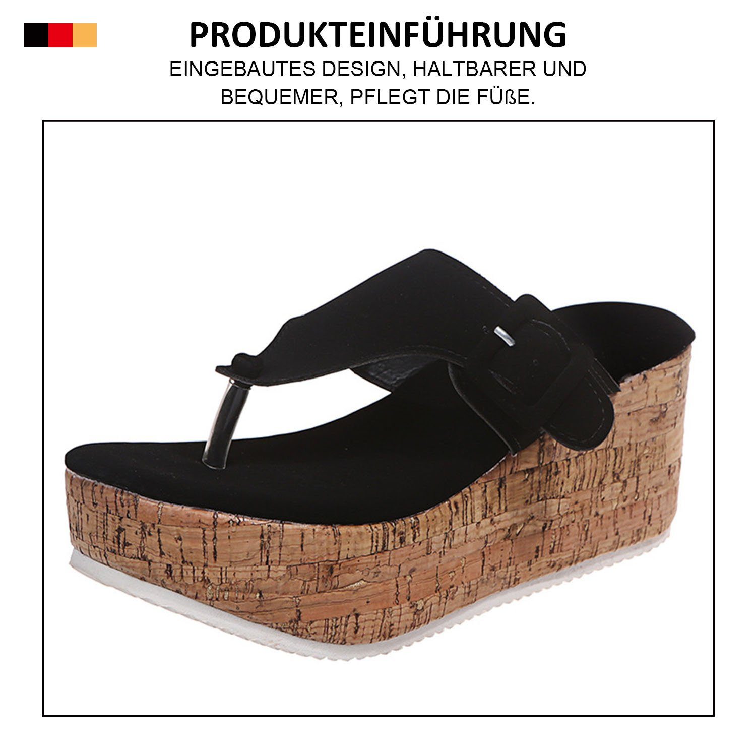 schwarz Römische MAGICSHE Leder Flip-Flops Pantolette Strandsandalen Keilabsatz Zehentrenner aus mit