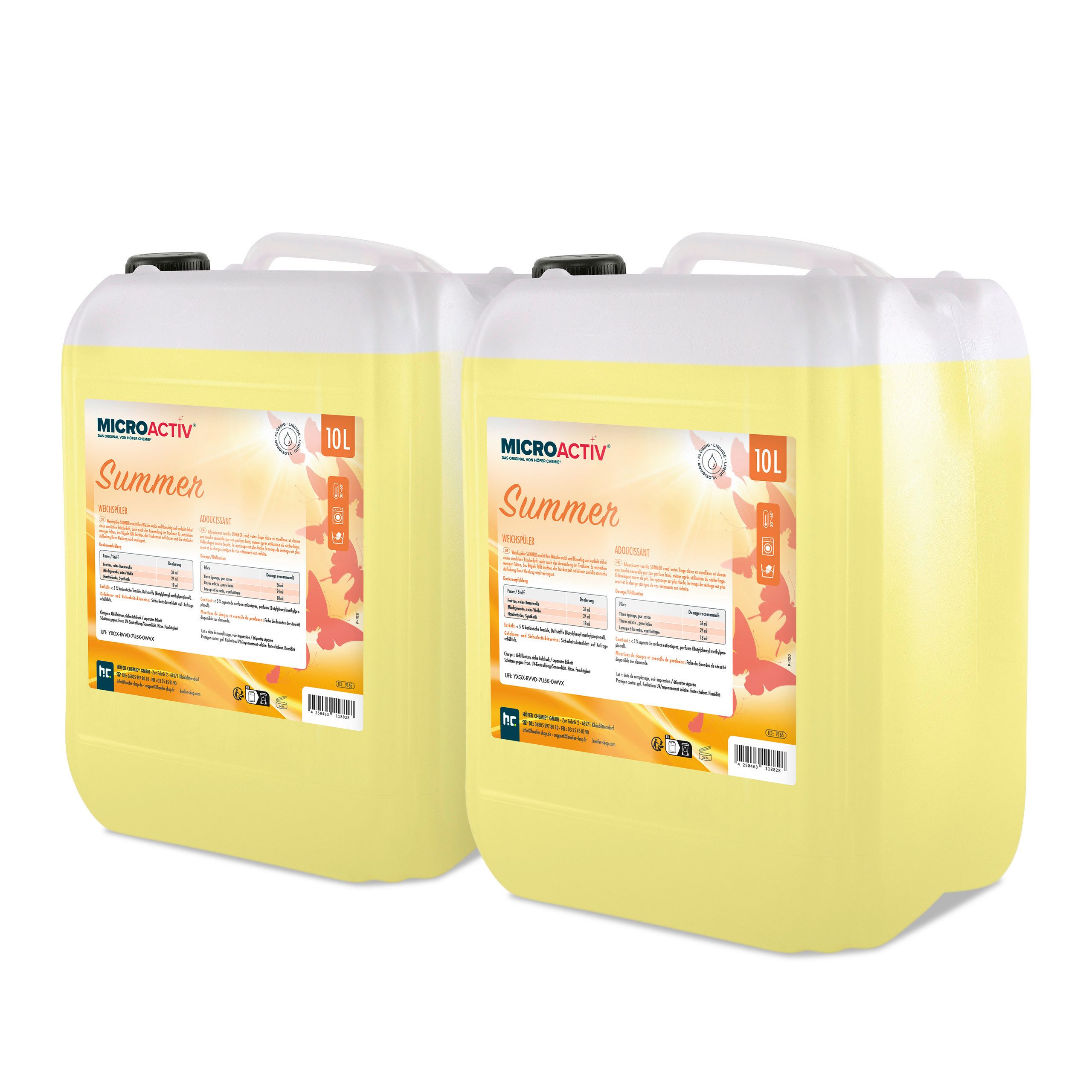 Höfer Chemie GmbH 2x 10 L Microactiv® Weichspüler Summer Grundreiniger (Weiche Wäsche mit frischem Duft)