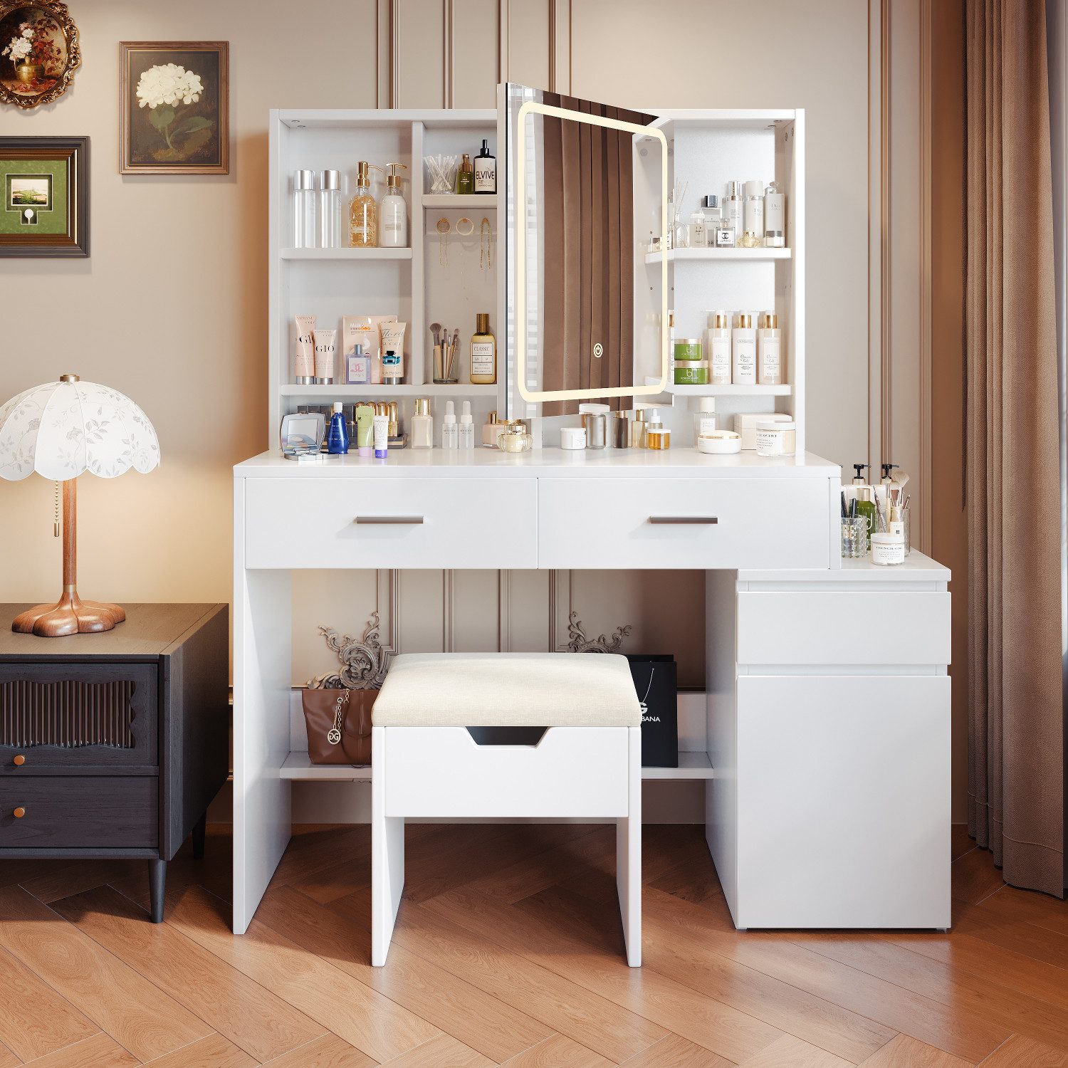 HOMALL Schminktisch Mit Spiegel und dreifarbigem LED-Licht 3 Schubladen 8 A günstig online kaufen