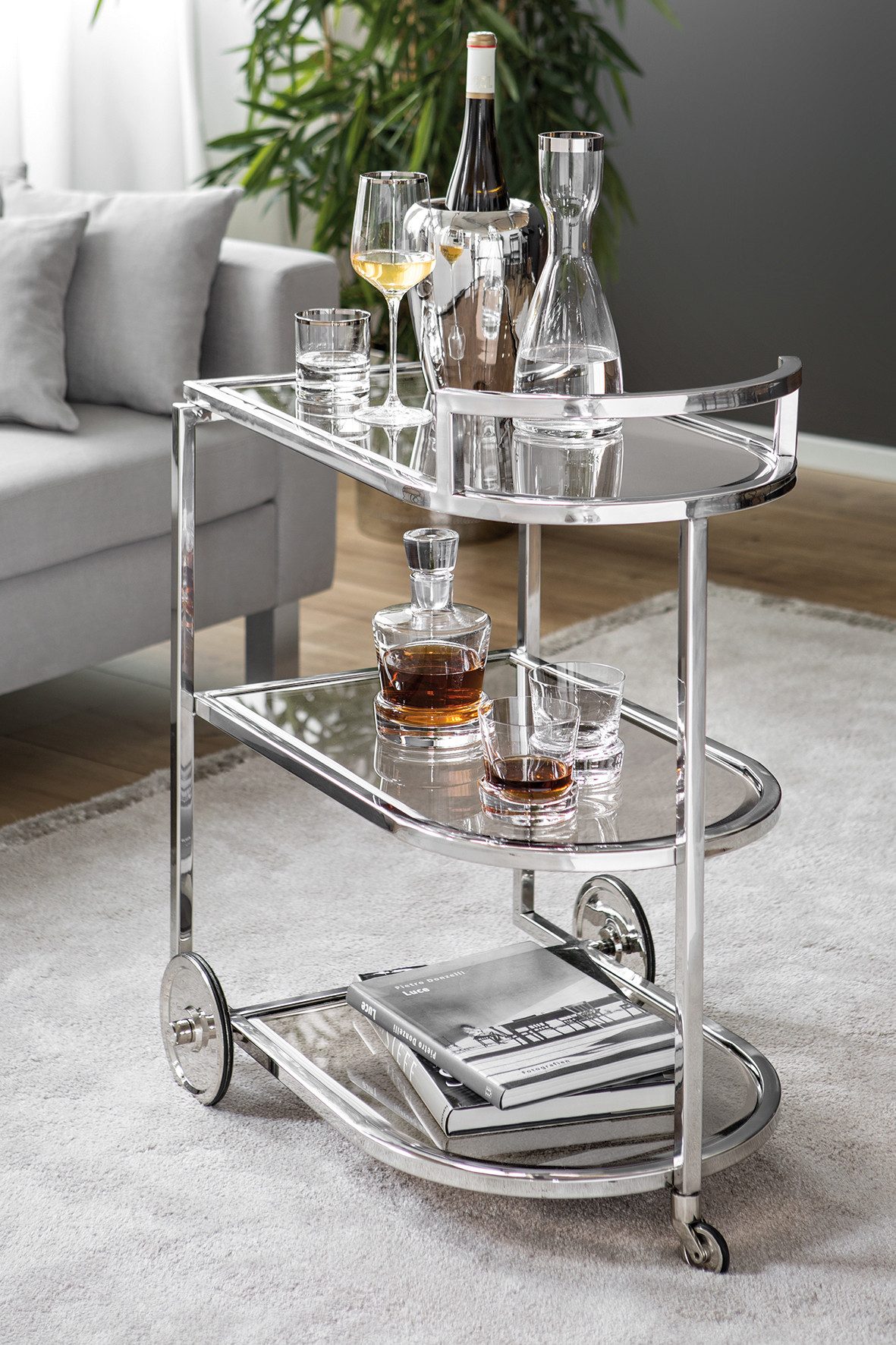 Fink Servierwagen SARONNA Barwagen - H.77cm x B.48cm - klar/silber - Edelstahl /Glas, (Wagen zum Servieren - Barwagen), Multifunktionaler Servierwagen: Küchenwagen, Rollwagen & Bartisch