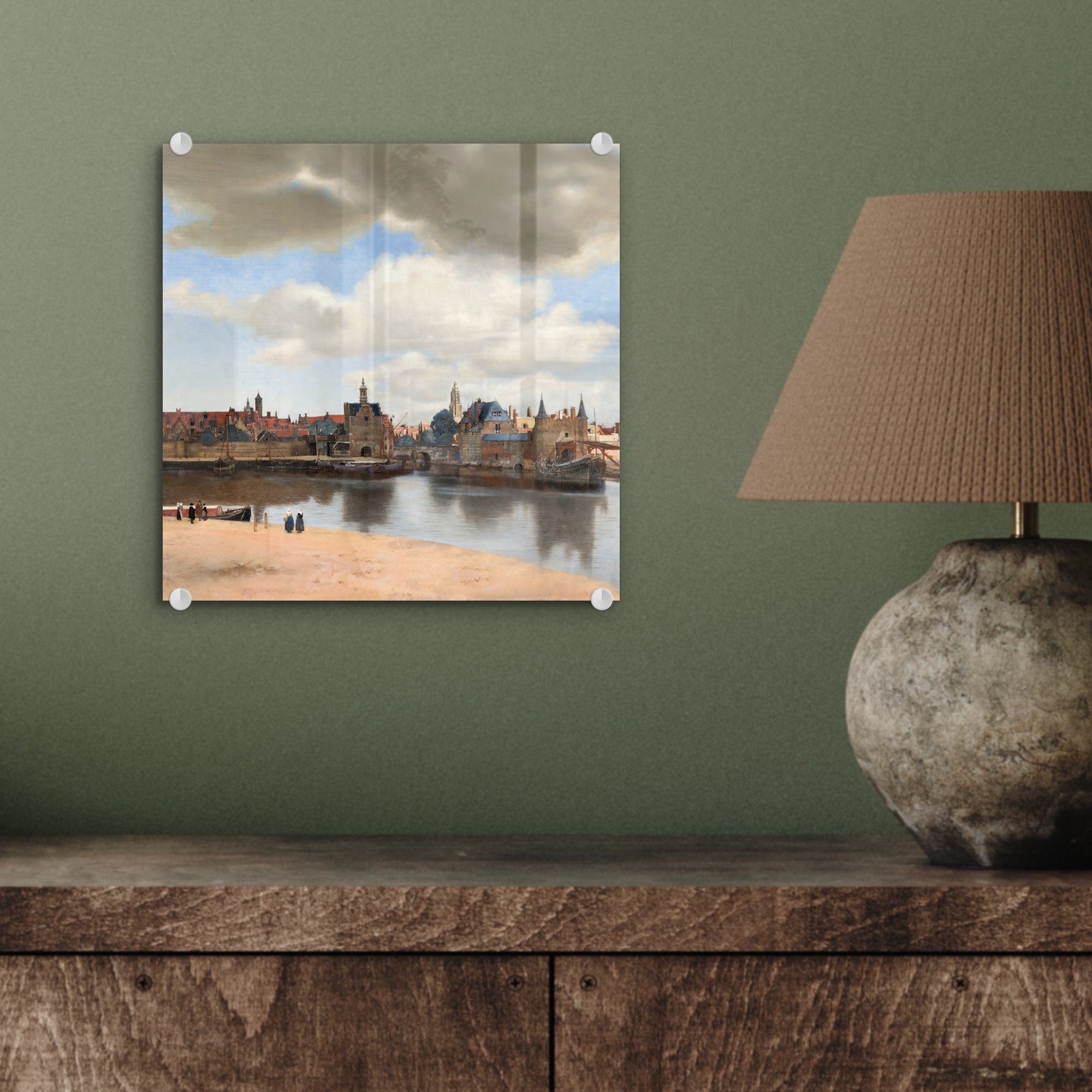 auf Vermeer, von St), Ansicht von Gemälde Wandbild Delft auf (1 MuchoWow - Foto Johannes - Acrylglasbild Glasbilder - - Glas Glas Wanddekoration Bilder