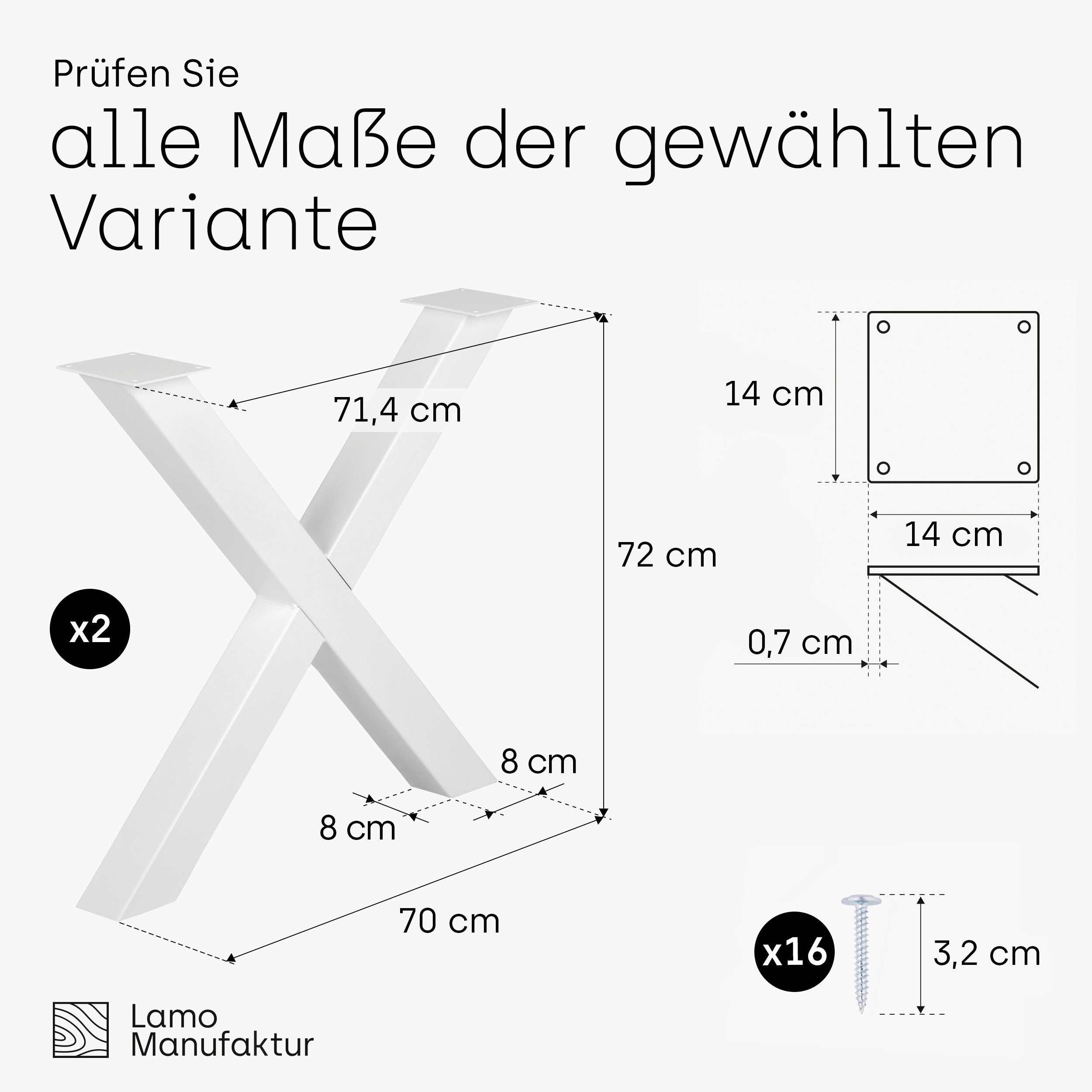 Tischbeine Manufaktur LAMO X-Form Tischgestell Weiss Tischkufen), (SET, Mark Industriestahl pulverbeschichtet Massive 2er-Set