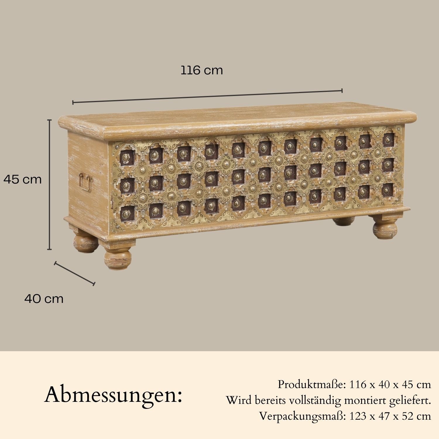 Marrakesch Orient & Mediterran Interior Truhe Massivholz-Truhe Burhan 1 Vintage Möbel Sitztruhe Betttruhe 116 cm (1 St), Handarbeit