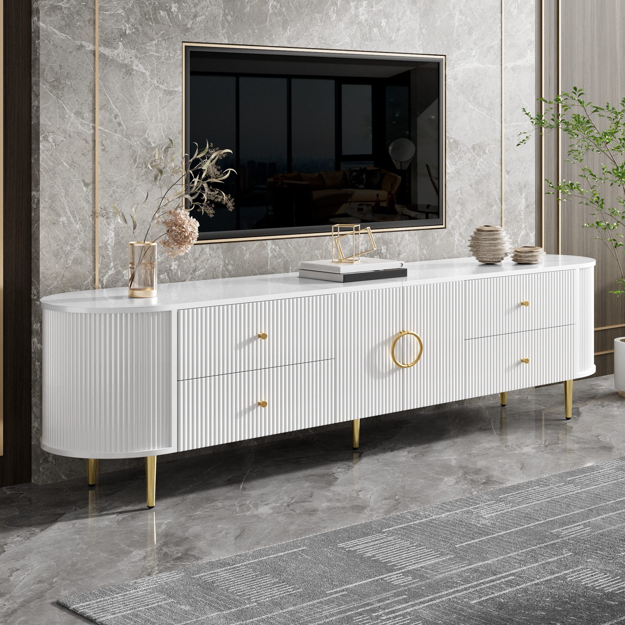 Merax Lowboard mit 3D Wellenfront & abgerundeten Kanten (180 x 40 x 38 cm, 1 St., TV Möbel mit Aluminiumgriffen & Kabeldurchlass), TV-Schrank mit 4 Schubladen,  – Bild 3 von 5