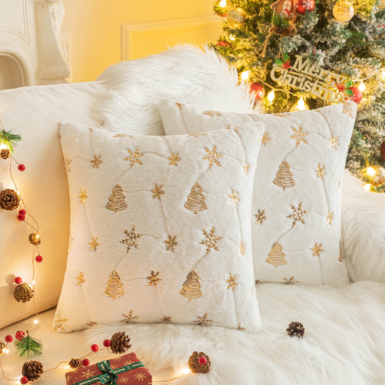 Qelus Kissenbezüge Kissenbezug Weihnachtsbaum Schneeflocke Bestickt günstig online kaufen