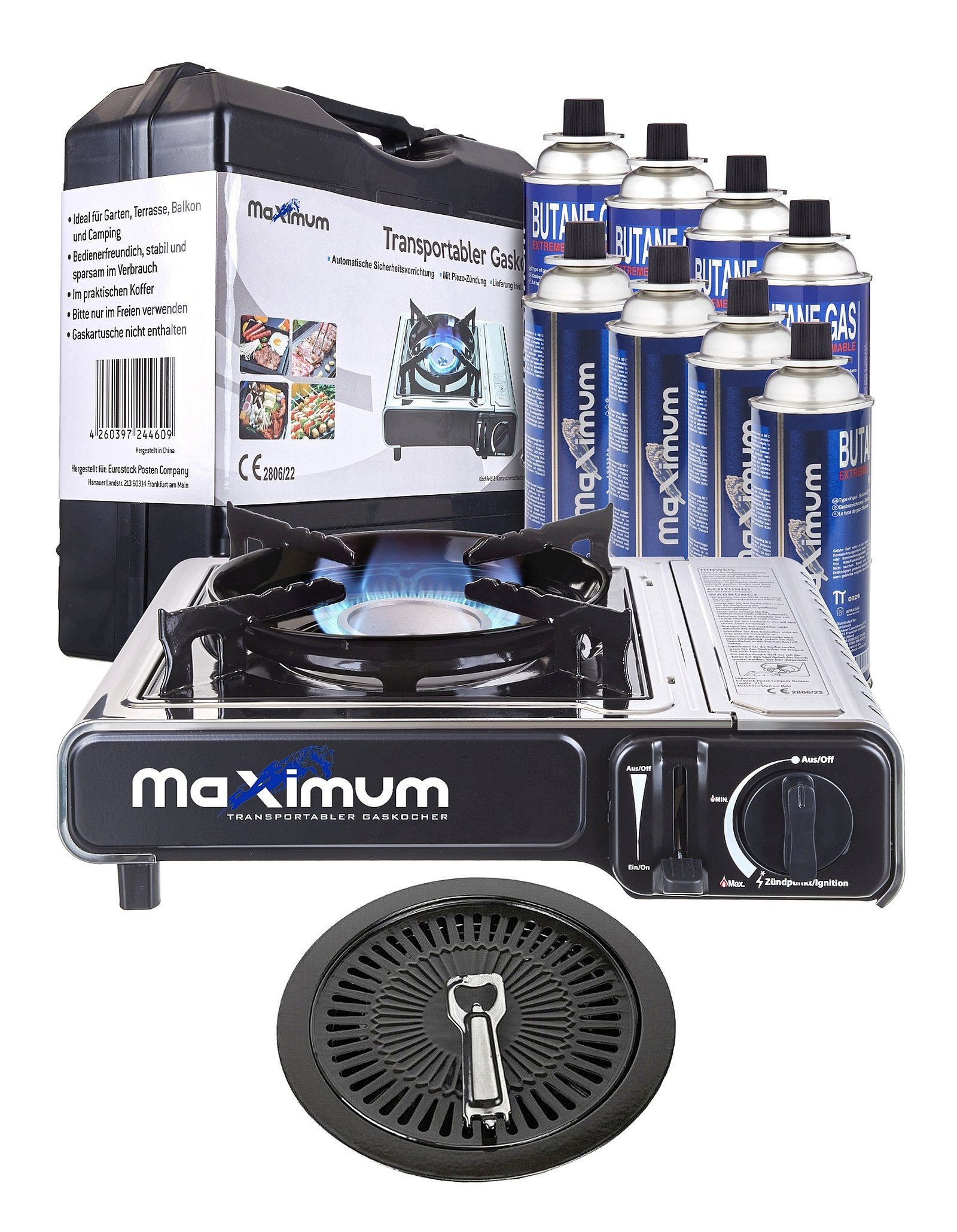 MaXimum Camping-Gasgrill Edelstahl Set - Perfektes für Outdoor-Enthusiasten & Campingliebhaber!, Kombi-Set, Edelstahl Kocher, MaXimum Gaskartuschen