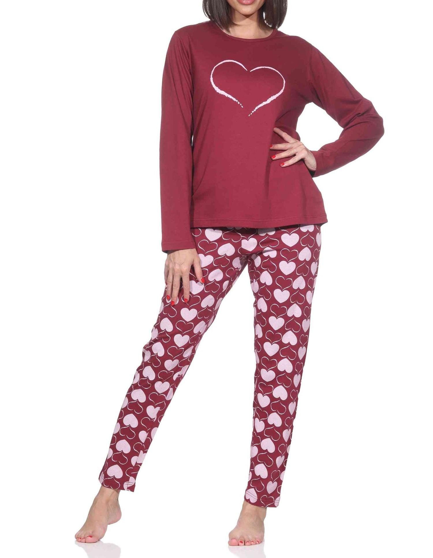 Pyjama Normann Damen Schlafanzug langarm Pyjama in Herz Tupfen Punkte Optik