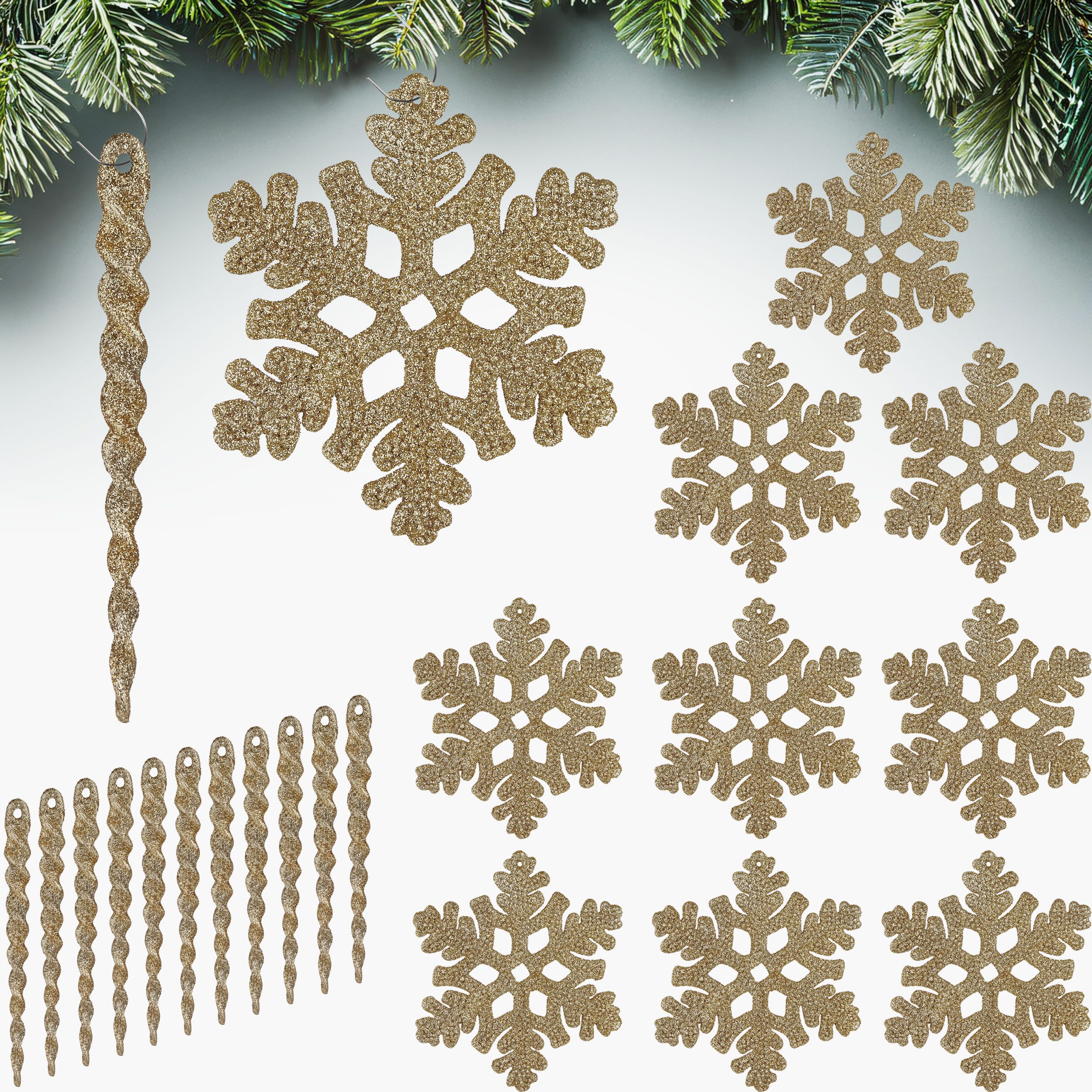 BRUBAKER Weihnachtsbaumkugel Baumschmuck Eiszapfen und Schneeflocken Glitzer - 22-TLG. Baumschmuck (22 St), Christbaumschmuck aus Kunststoff - Weihnachtsdeko Anhänger Bruchsicher