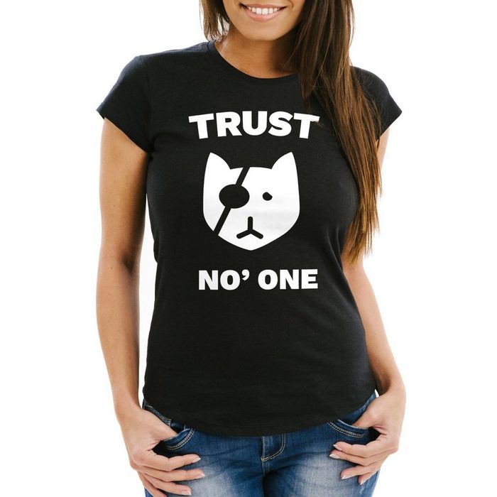 MoonWorks Print-Shirt Damen T-Shirt Trust No One Katze mit Augenklappe Slim Fit Moonworks® mit Print