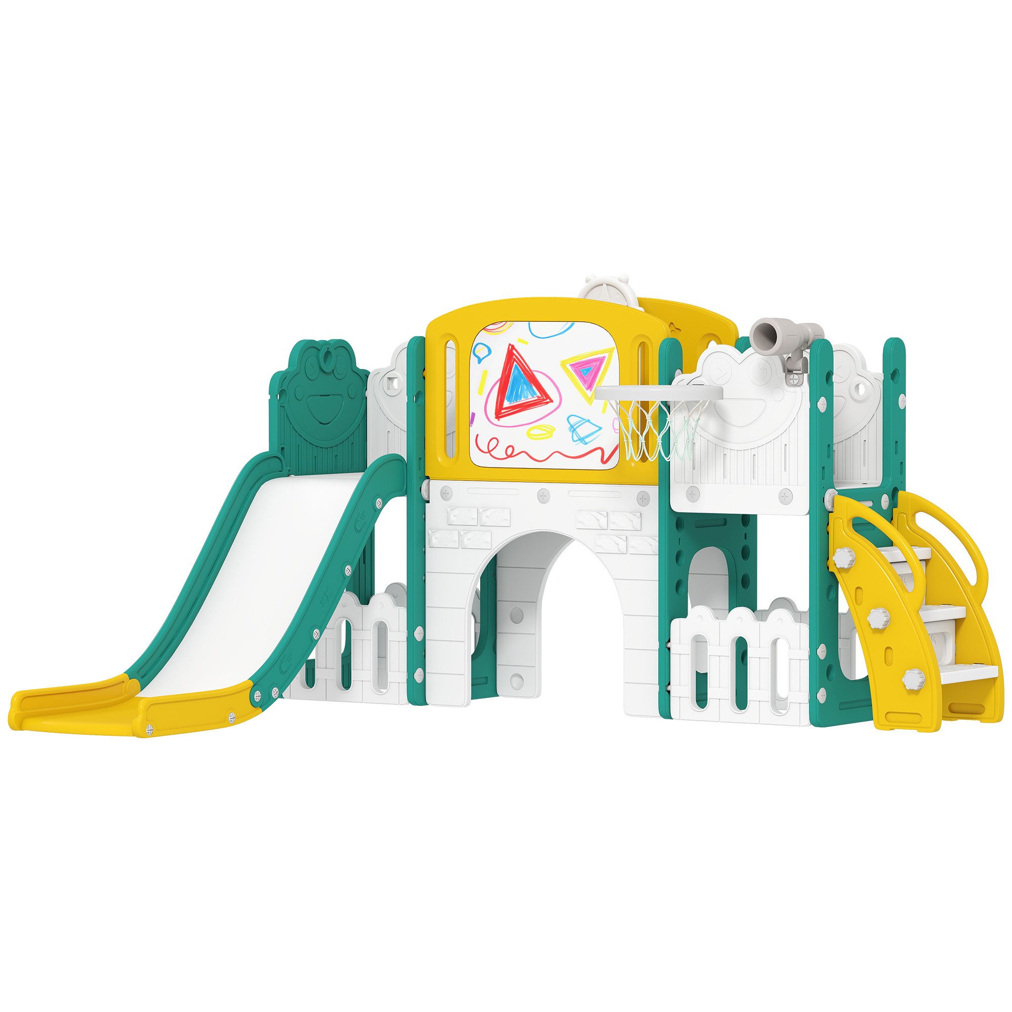 AIYAPLAY Rutsche Klettergerüst 7 in 1 Babyrutsche mit Basketballkorb, Tunnel, (Spielplatz, 1-tlg., Kinderrutsche), für Kleinkinder 1-3 Jahre, Gelb