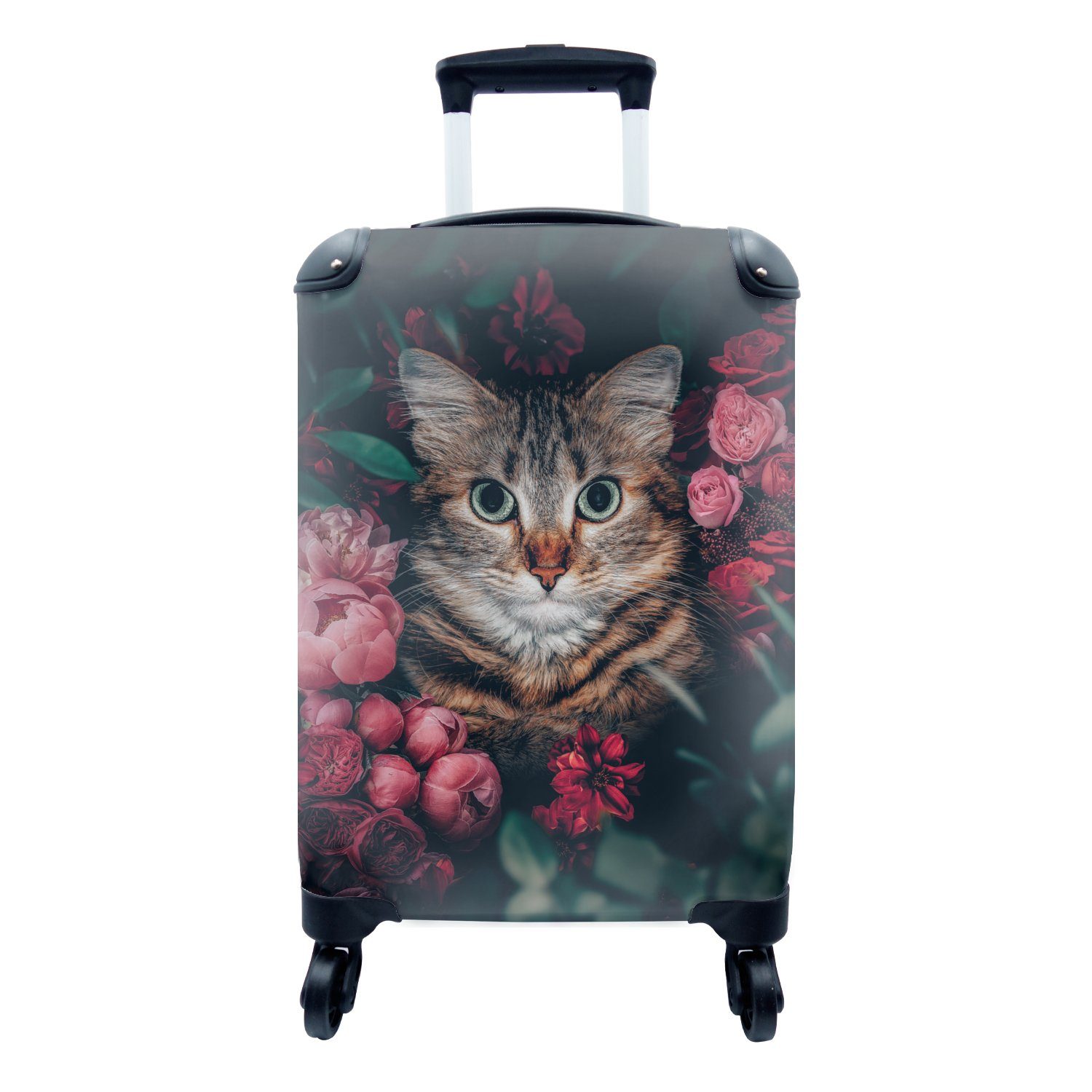 MuchoWow Handgepäckkoffer Katze - Blumen - Tiere - Botanisch, 4 Rollen, Reisetasche mit rollen, Handgepäck für Ferien, Trolley, Reisekoffer