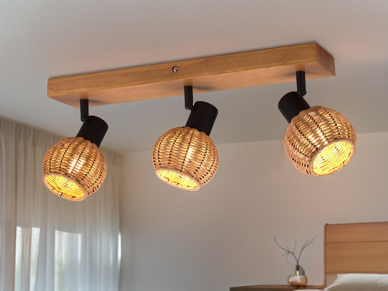 meineWunschleuchte Deckenstrahler, ohne Leuchtmittel, innen Deckenleuchte mit Holz, Lampenschirm-e aus Korb-geflecht B: 50cm