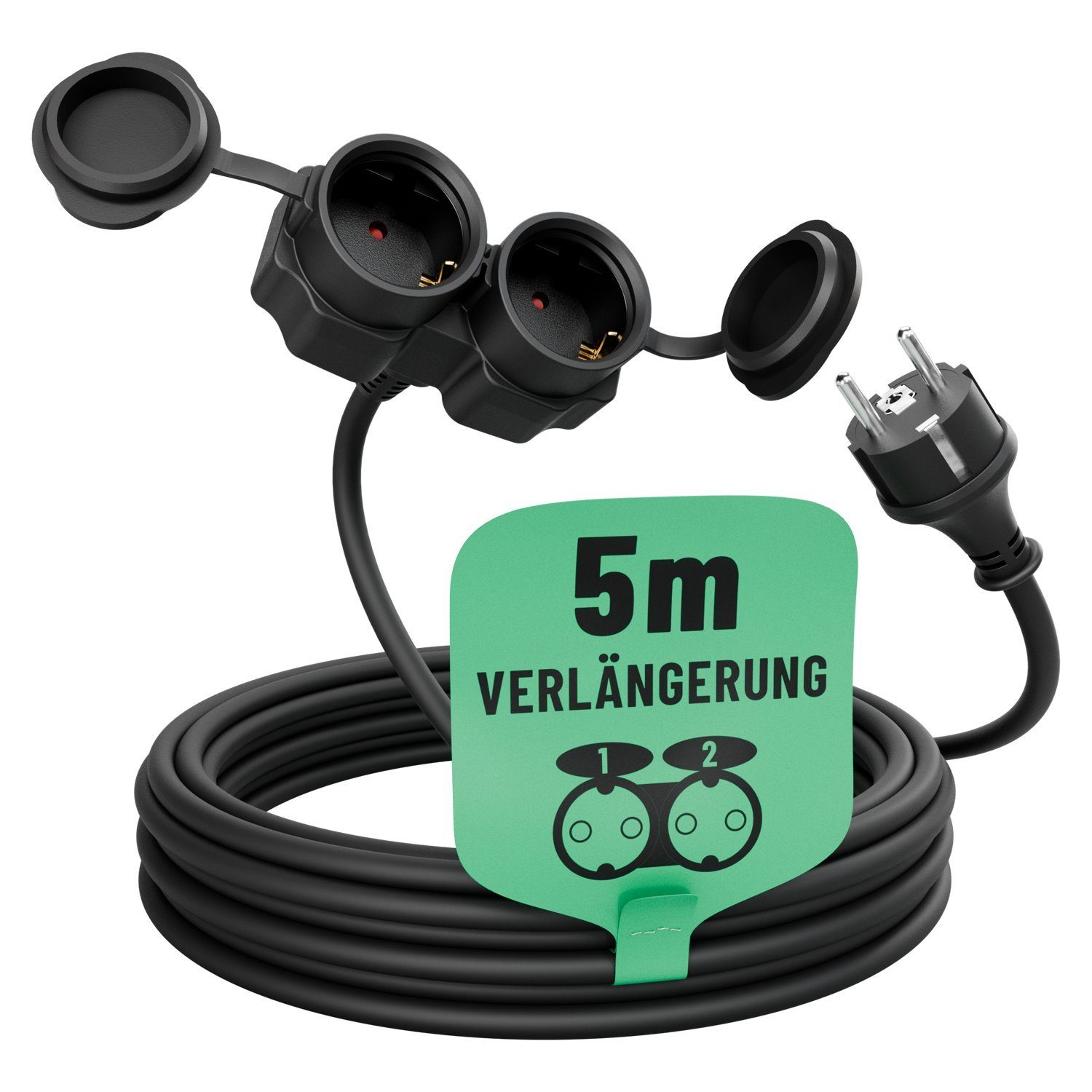 greate. 2fach Verlängerungskabel 5m - wasserdicht, Mehrfachsteckdose, 3500 W Verlängerungskabel, (500 cm)