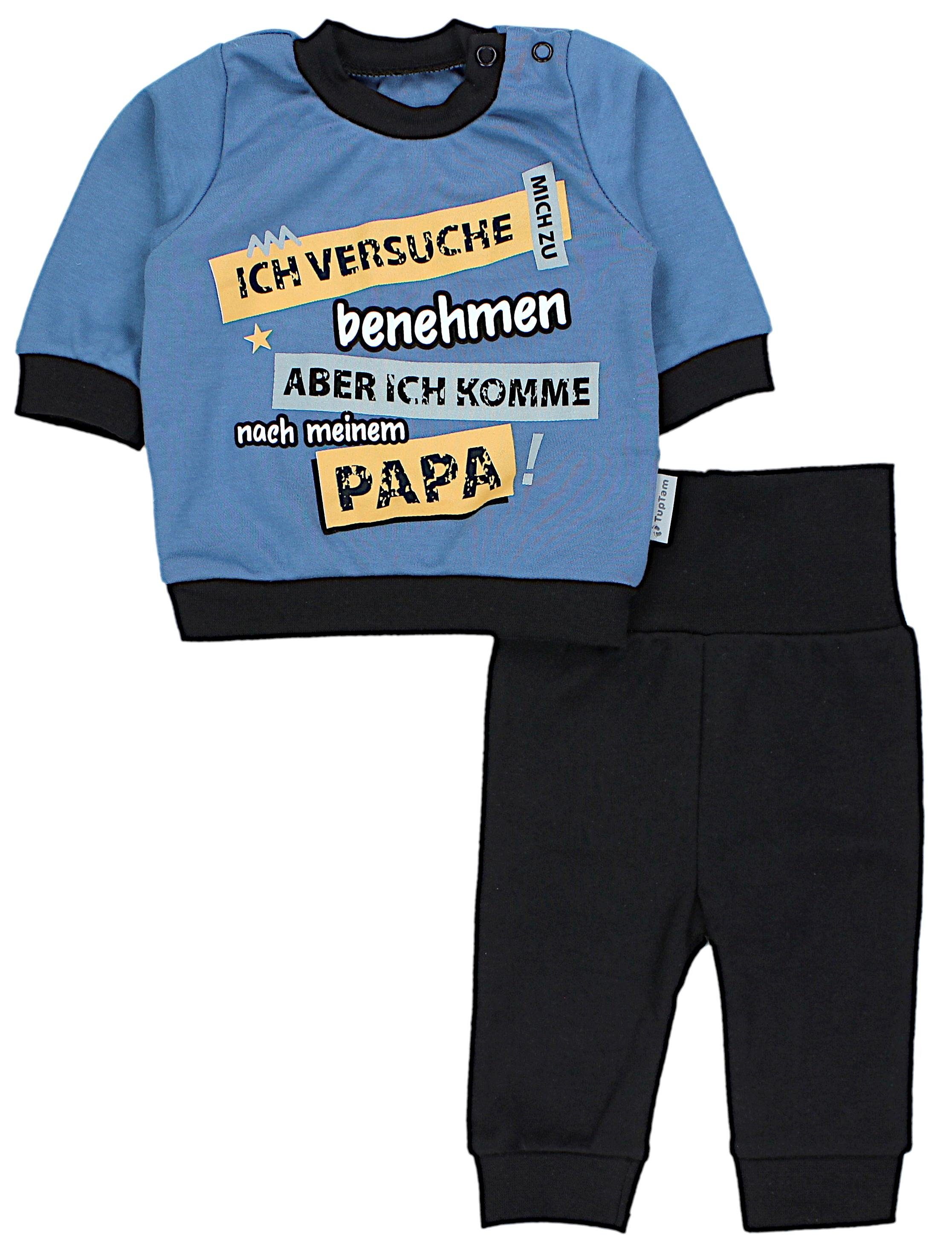 TupTam Erstausstattungspaket Baby mit Langarmshirt Spruch / Babyhose Jeansblau Ich benehmen zu Print Jungen Babykleidung Outfit versuche mich Schwarz