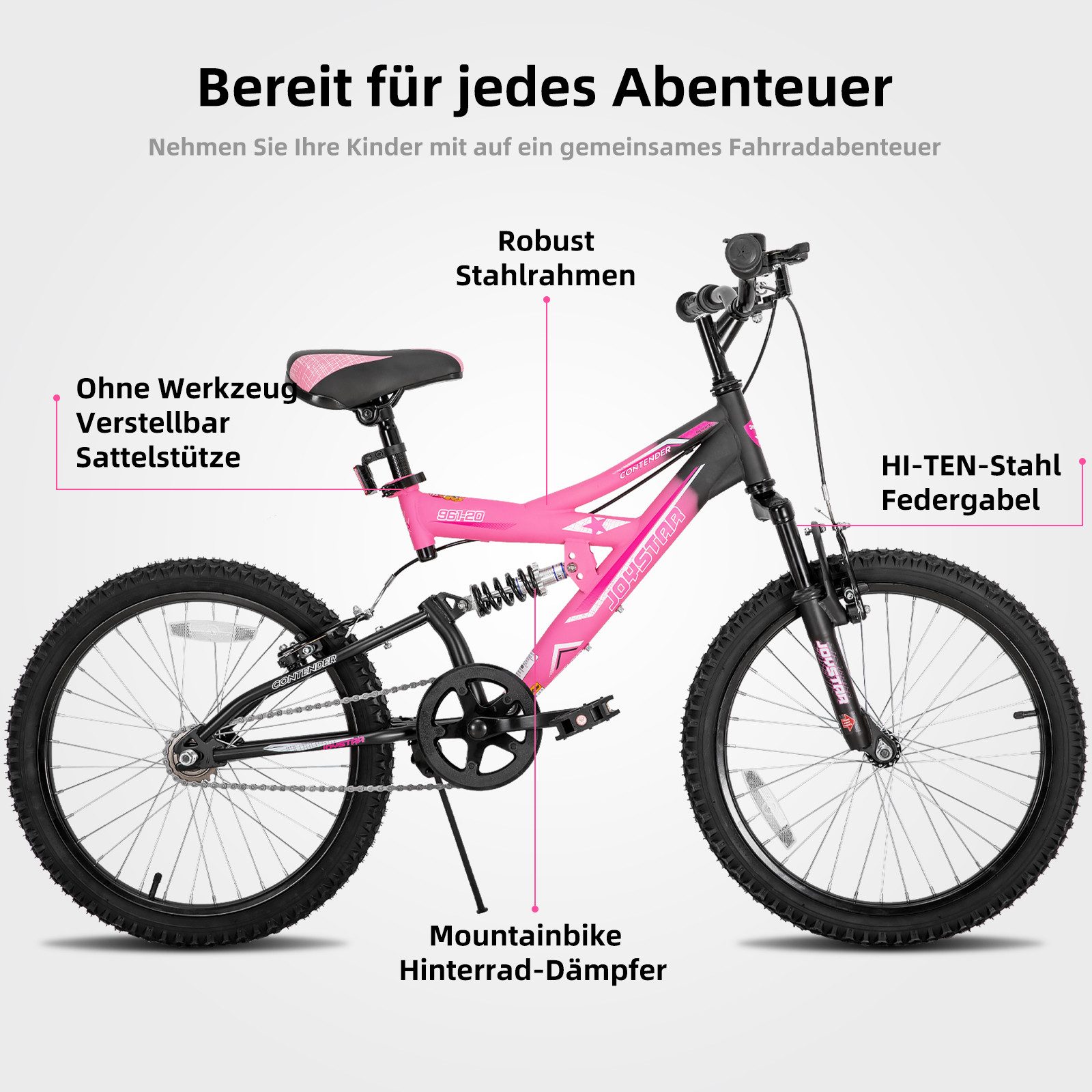 JOYSTAR Kinderfahrrad 20 Zoll bike für Jungen und Mädchen ab 7-12 Jahren Student Pendler, 1 Gang, mit vollgefedertem Stahlrahmen und 1-Gang-Antrieb mit Ständer
