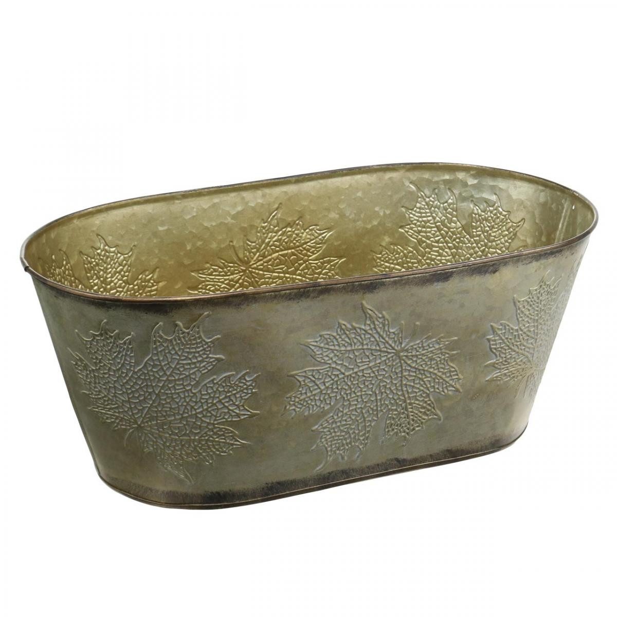 Übertopf Herbsttopf Metalldeko Gold - Pflanzschale mit Blattprägemuster, Ø38cm