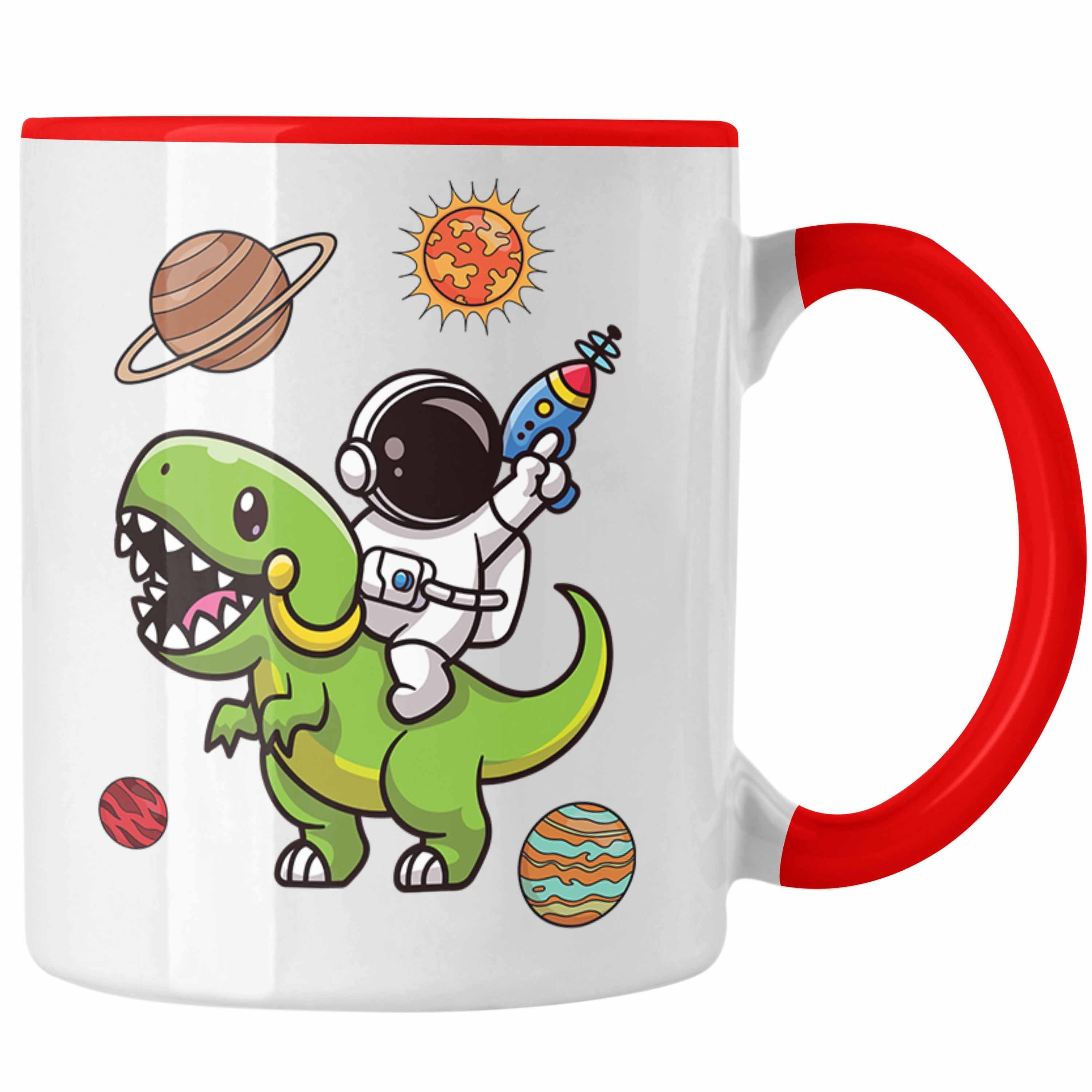 Trendation Tasse Dinosaurier T-Rex Astronaut Weltall Tasse Grafik Geschenk Lustig Rot