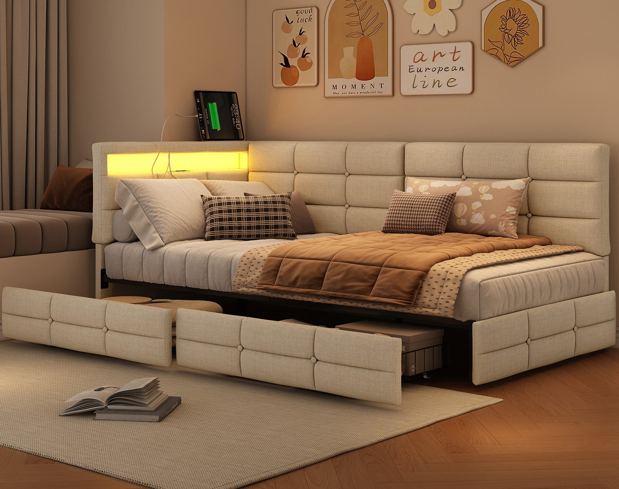 zebery Schlafsofa Polsterbett Daybett Tagesbett mit LED-Leuchten und USB+Typ C, Set 1 Teile, 90x200 cm,2 Schubladen,Multifunktionsbett,Gepolstert,Leinenstoff,Beige