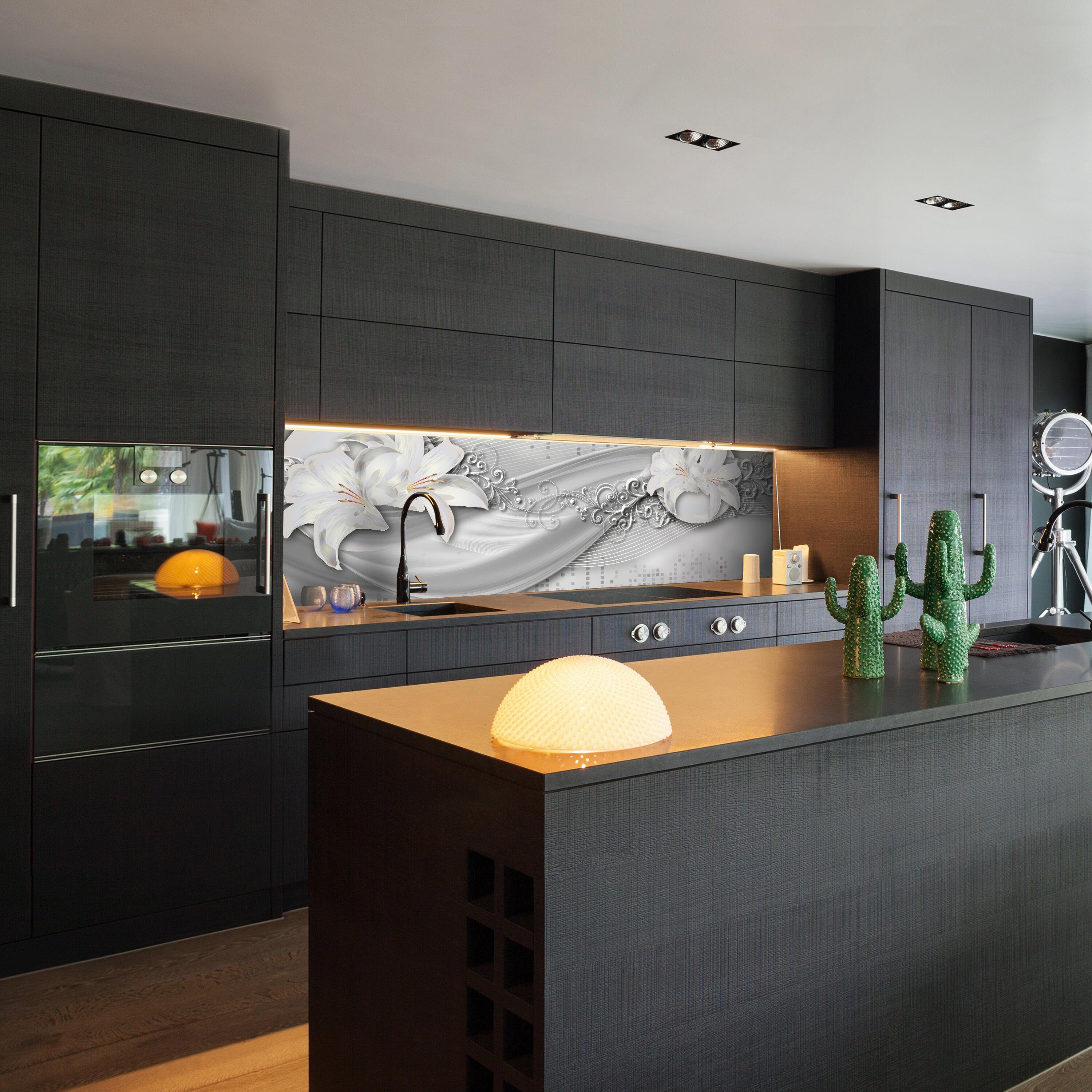 wandmotiv24 Küchenrückwand abstrakte Lilien grau silber, Nischenrückwand in Hartschaum Premium Größen (1-tlg), versch