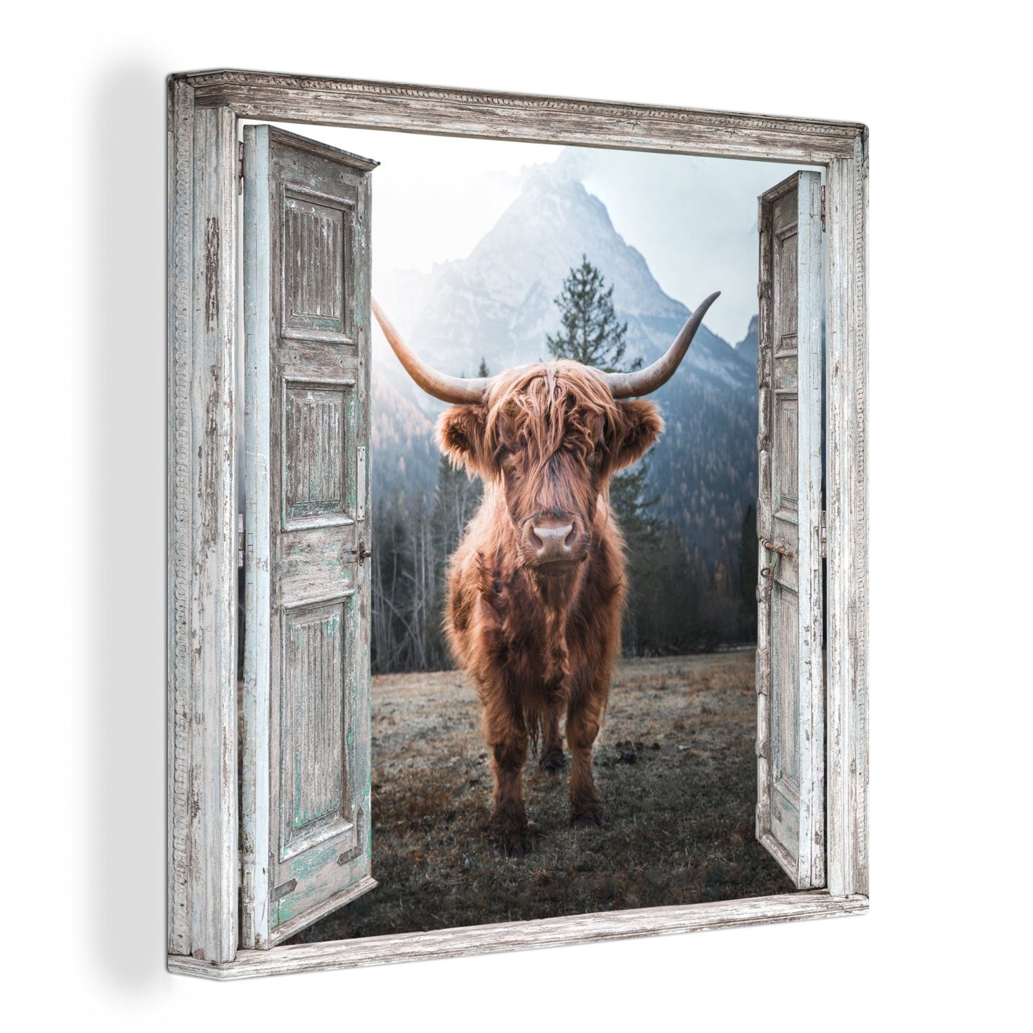 OneMillionCanvasses® Leinwandbild Schottischer Highlander - Kuh - Ländlich - Ansicht, (1 St), Leinwand Bilder für Wohnzimmer Schlafzimmer