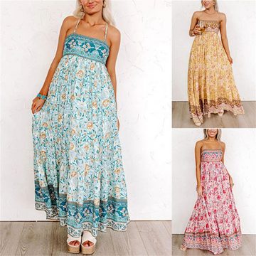 AFAZ New Trading UG Sommerkleid Sommerkleid Boho Lang Kleider V Ausschnitt Strandkleid Sommer Casual Rückenfreies Trägerkleid für Damen