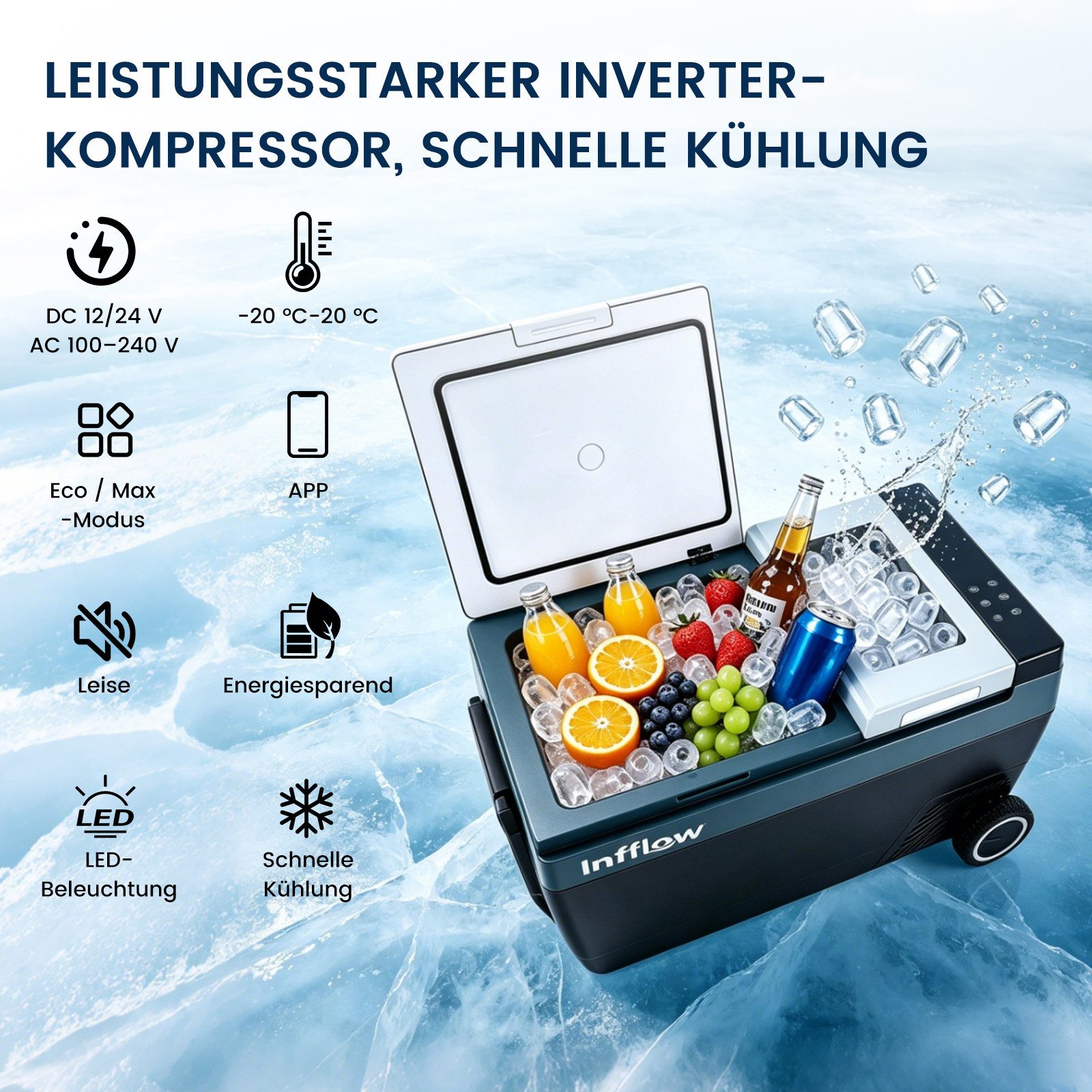Infflow Kühlbox mit App-Steuerung, Kühlen & Gefrieren & Eisbereiten, ECO/MAX-Modus, 45 l, -20 °C ~ 20 °C, für Auto, Lkw, Boot, Wohnwagen, Camping