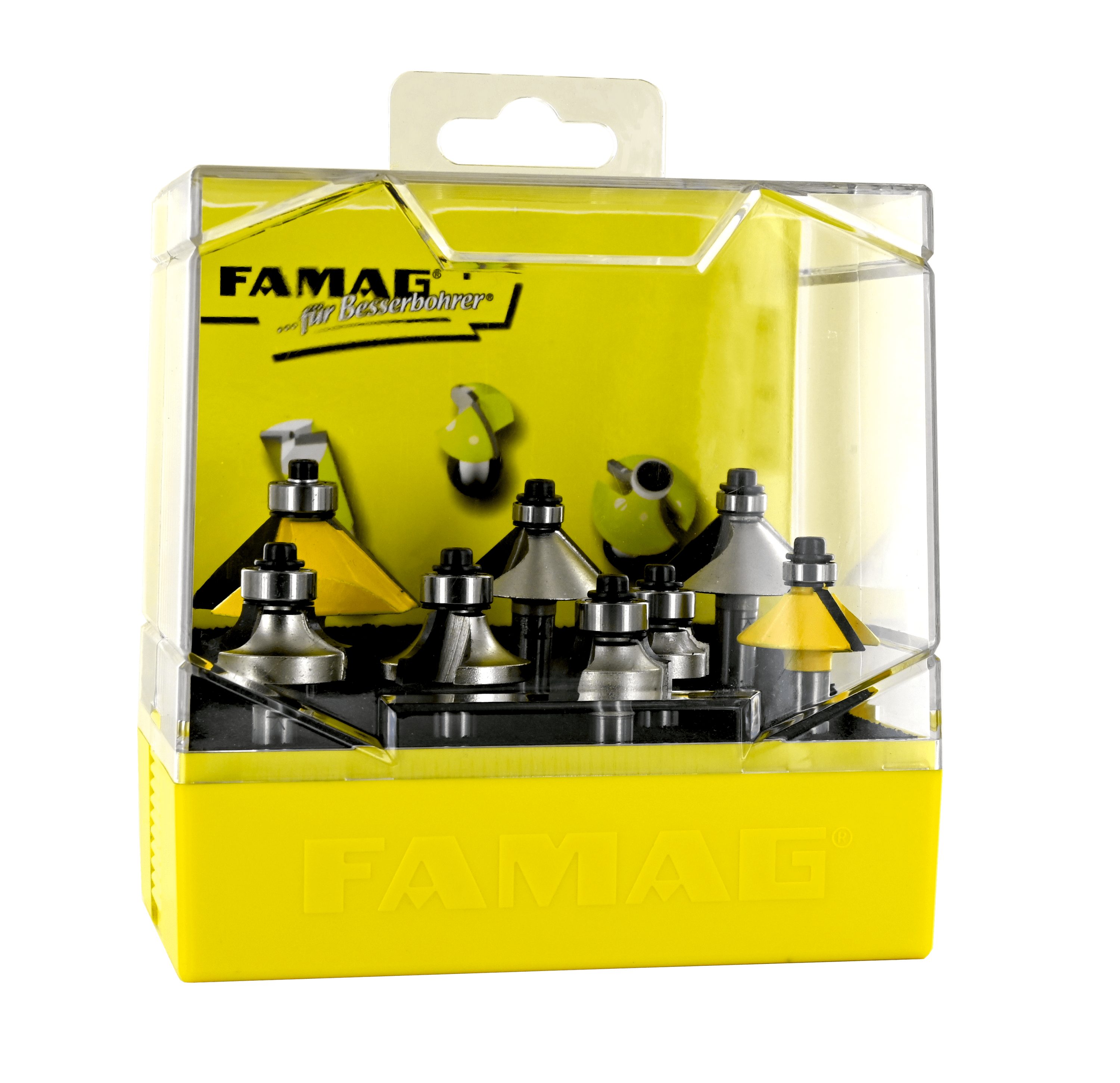 FAMAG Fräser-Set FAMAG 8-teilig Kombi-Set Abrund 3109 - Fasefräser 3118 HM-bestückt in Kunststoff-Box - 3118.908