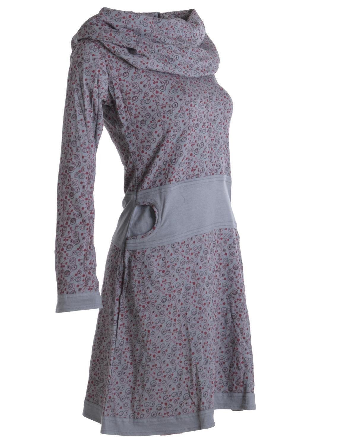 Baumwolle Kleid Hippie Bedrucktes mit grau Style Boho, Vishes Schalkragen Ethno, aus Jerseykleid Goa,
