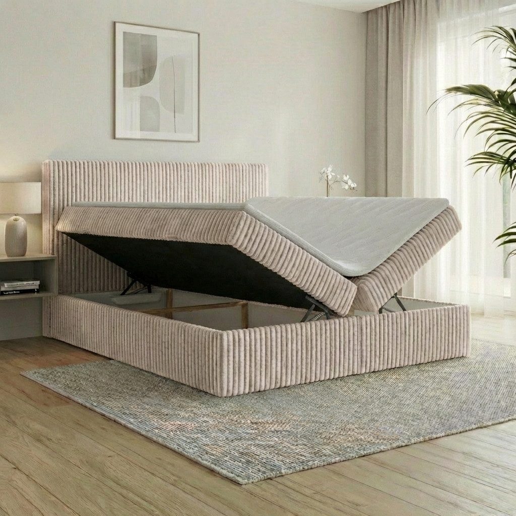 A&J MöbelLand GmbH Boxspringbett RALF mit Bettkasten, Topper und gepolstertem Kopfteil. (Boxspringbett mit Bettkasten und gepolstertem Kopfteil)