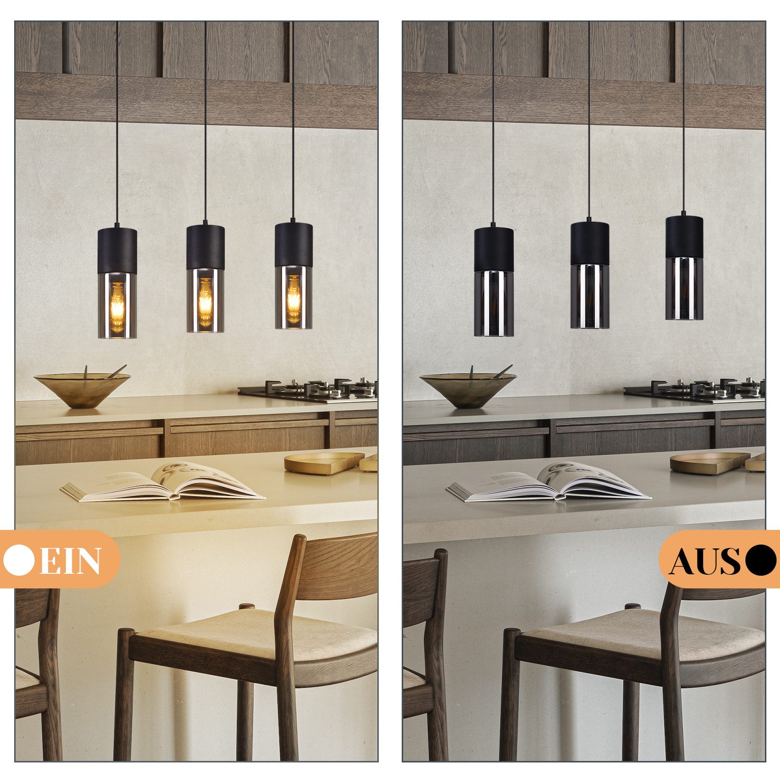 Nettlife Pendelleuchte Schwarz Esstisch E27 1/3/4 Flammig Glasschirm Hängeleuchte, LED wechselbar, Esstisch Wohnzimmer Schlafzimmer – Bild 5 von 5