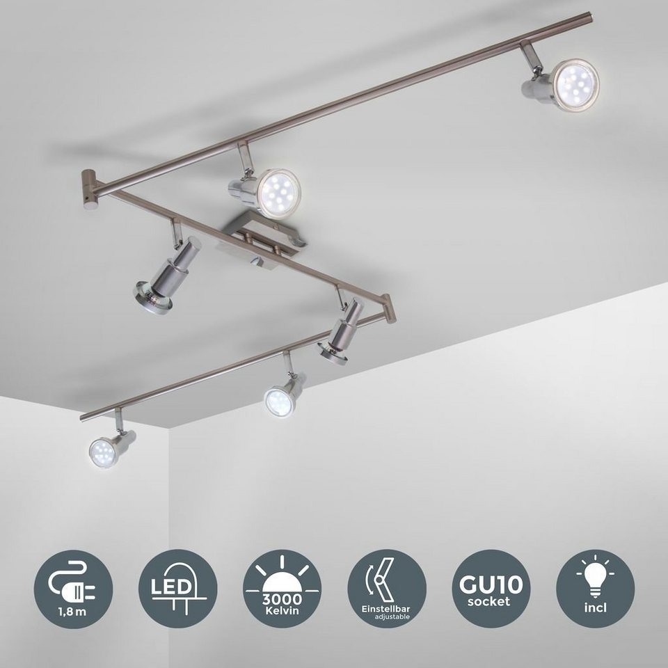 - 6x 2400lm schwenkbare Metall Wohzimmerlampe warmweiß matt-nickel 180cm LED wechselbar, Deckenlampe 30W B.K.Licht moderne XXL GU10 3000K BKL1207, LED Spots 6-flammig Deckenleuchte