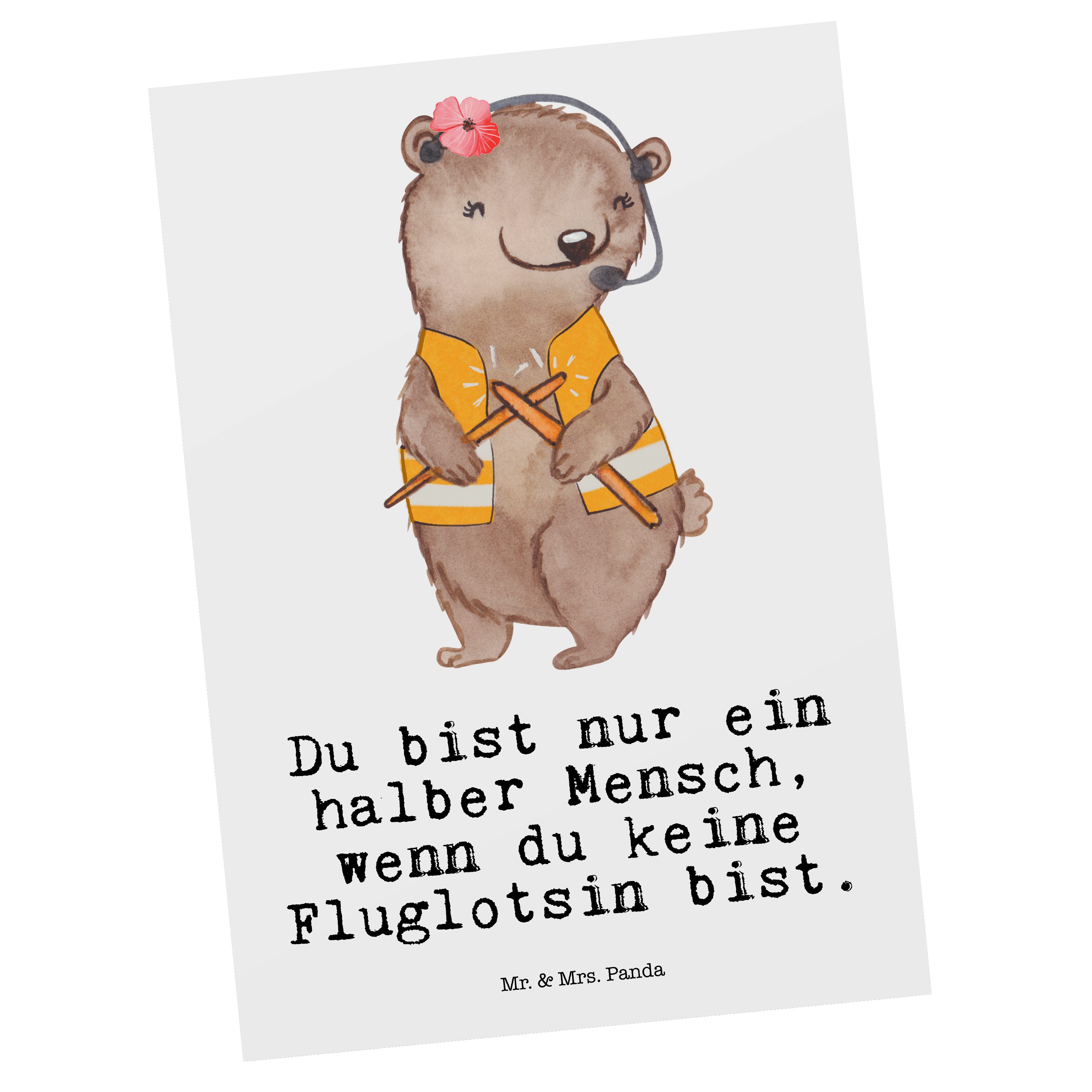 Mr. & Mrs. Panda Postkarte Fluglotsin mit Herz - Weiß - Geschenk, Geschenkkarte, Jubiläum, Ansic