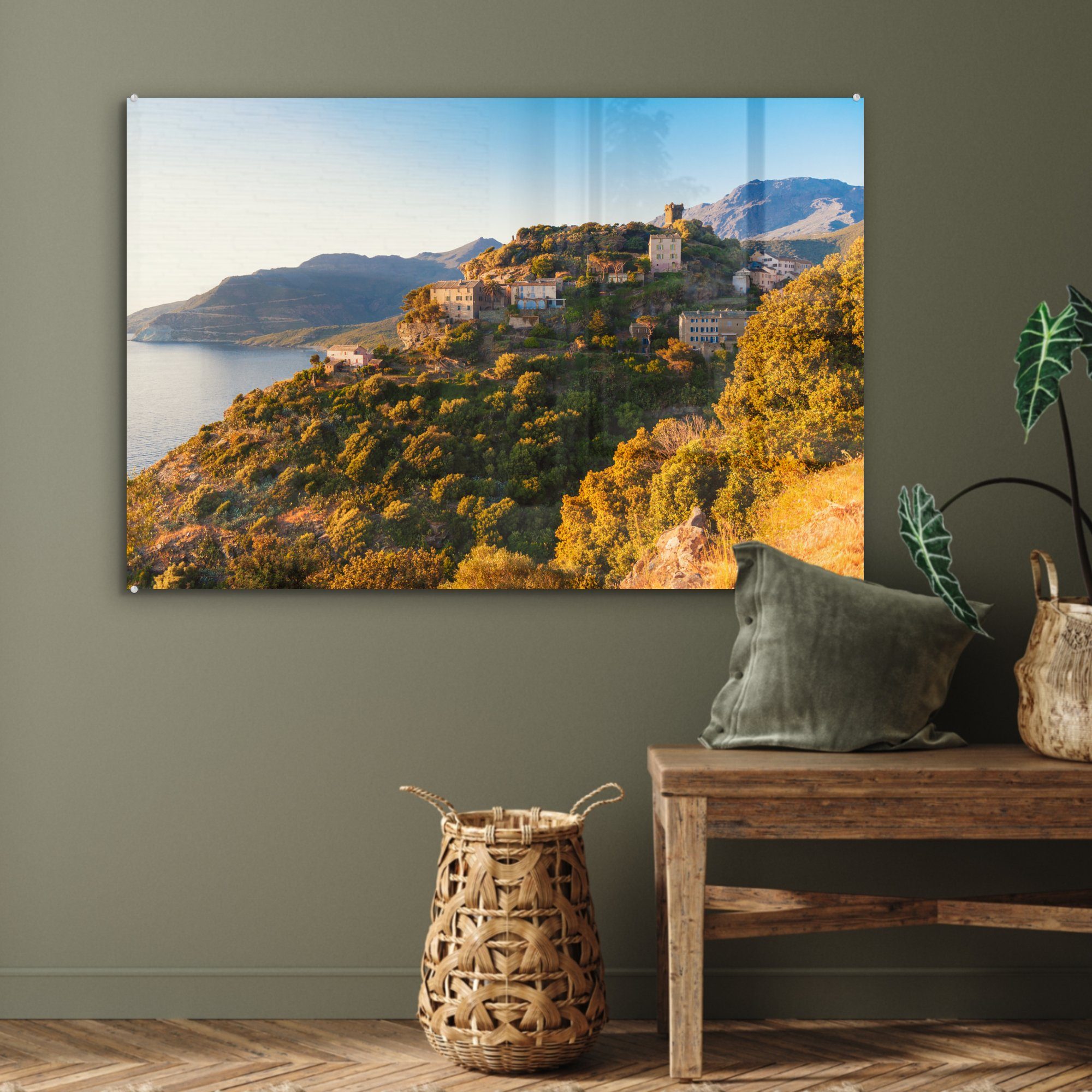 Acrylglasbilder MuchoWow Dorf Korsika Wohnzimmer (1 auf St), Sonnenuntergang, Acrylglasbild Schlafzimmer & bei